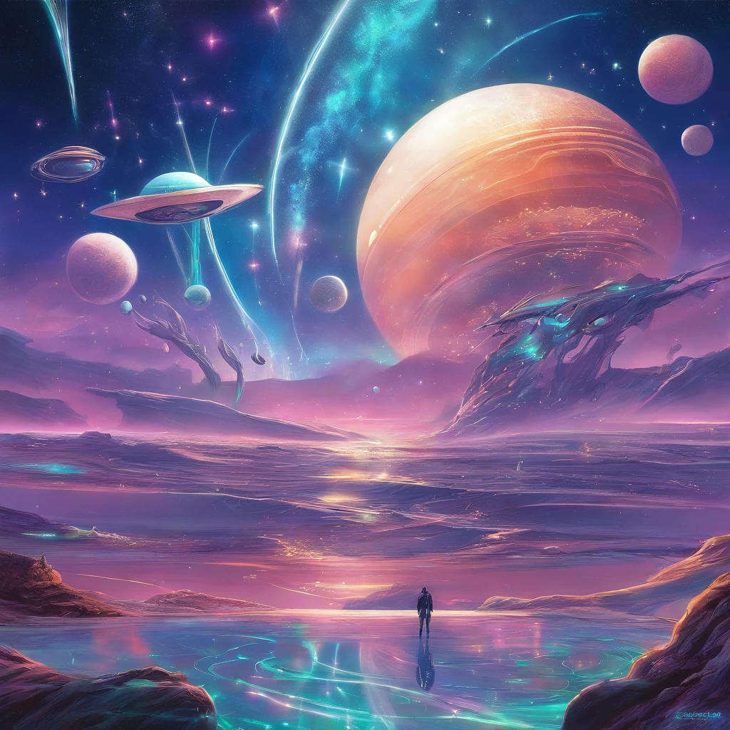 Driven by their admiration for the stars in the sky, the iridescent shells on the ocean beds pluck up their courage and fly toward the galaxy, masterpiece, best quality
