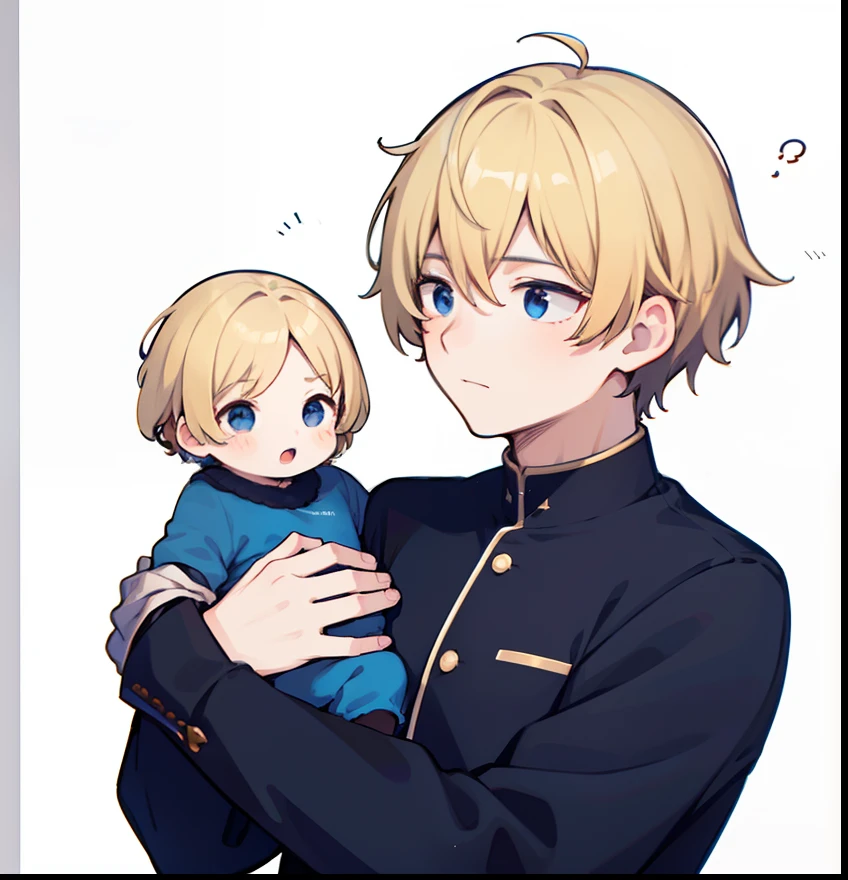 hiquality、superfine illustration,masutepiece,Animated,1boy,man,Man's,Guy,man,Man's,Short hair,Curly hair,Parted bangs,Blonde hair,Blue eyes,White skin,Handwriting style、Holding the baby