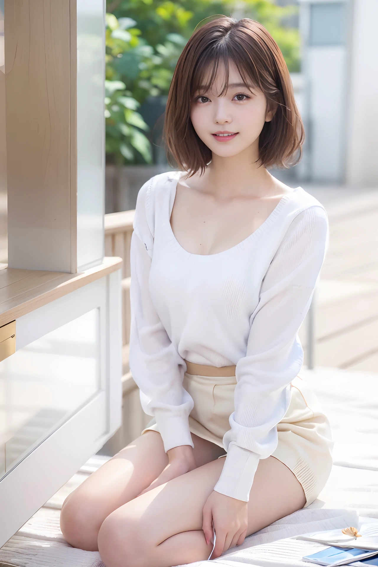 (skin blemish:1.2), (skin indentation), dark circles, 1womanl, 25 age old, (((woman))), Solo, Realistic, Best quality, Photorealistic, Mastery, 8K, A high resolution, Solo, Extremely detailed face, (Professional lighting,Bokeh),(light particules,lens flare glow,Luminous Particle:0.6),(dynamicposes:1.2),gentlesoftlighting,Top corner view,Trendy atmosphere,jpn,the street,城市,toyko,ports,((In the daytime)), Skysky, ((looking at viewert:1)), (looks into camera), opulent, standing on your feet, keep original facial proportion, Shave your shoulders, full bodyesbian, (Medium chest), (short detailed hair), A brown-haired, Fluttering, cparted lips, lipsticks, Seductive smile, ssmile, Open-mouthed, teeth, (Blue skinny sweater), (white colors)(Business miniskirt),detailed outfits:1.5, eyeslashes, birthmark, (Moles under eyes: 1),Legs are well-proportioned, Slender and fair,A pair of lotus ankles are white and tender,without wearing shoes,Beautiful feet with meticulous details,Focus on the chest,fully body photo