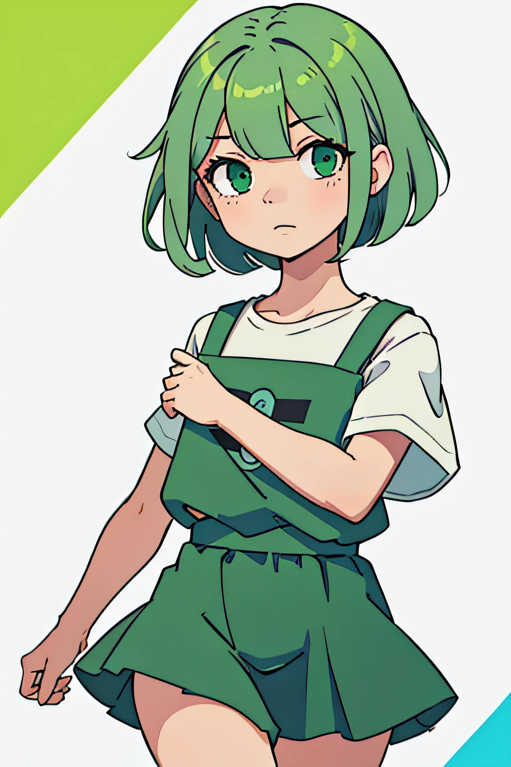 1 girl，Green short bob hair，Dull hair，white short sleeve