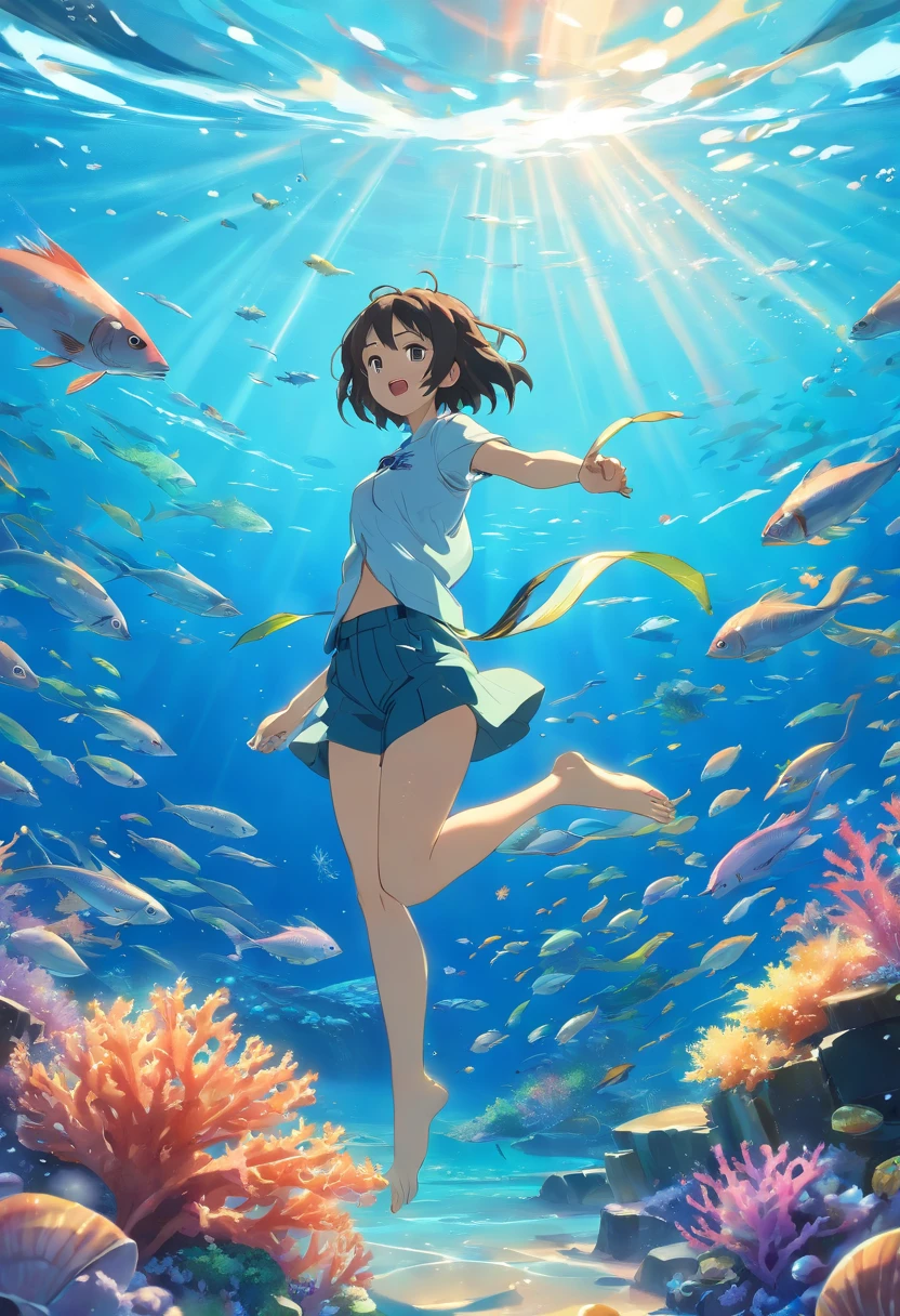 (best quality,4k,8k,highres,masterpiece:1.2),cartoon barracuda,integrity,expressive eyes,detailed scales,colorful fins,underwater world,vivid colors,dynamic pose,playful expression,curved body,swimming motion,raised eyebrows,sharp teeth,sparkling water,bright sunlight,dynamic lighting,crystal clear visibility,rippled surface,coral reef,seaweed,exquisite detailing,shimmering scales,graceful movement,swimming among fish and seashells,wide-open mouth,underwater adventure,energetic and friendly demeanor,joyful presence