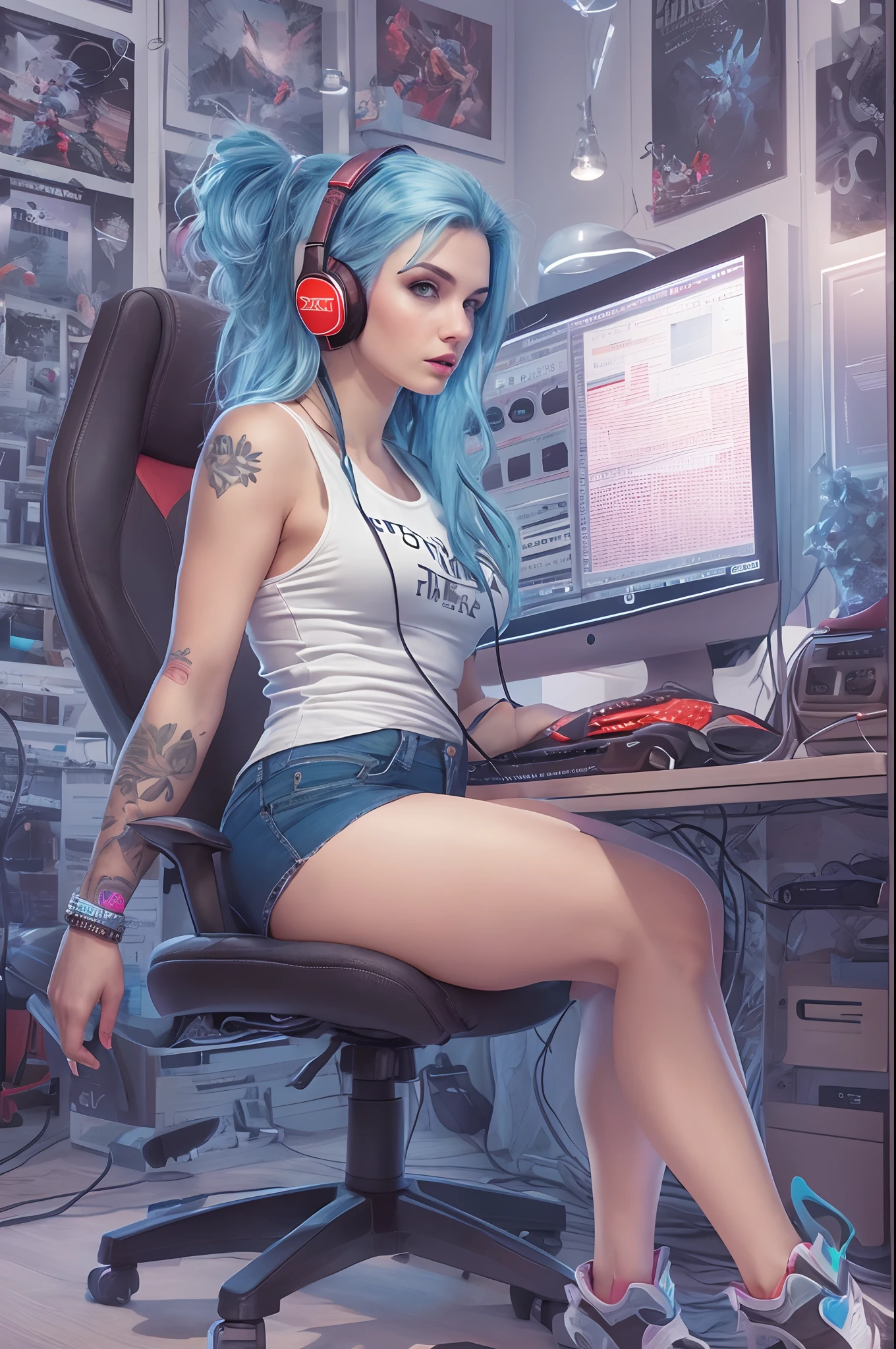 full body photo, naked breasts, typing on computer, legs open, looking at viewer, lustful, Cute female cyberpunk hacker with blue colored glasses, in a  Beanie long grey hair half teeshirt, jean shorts, cyberpunk 2077 poster art