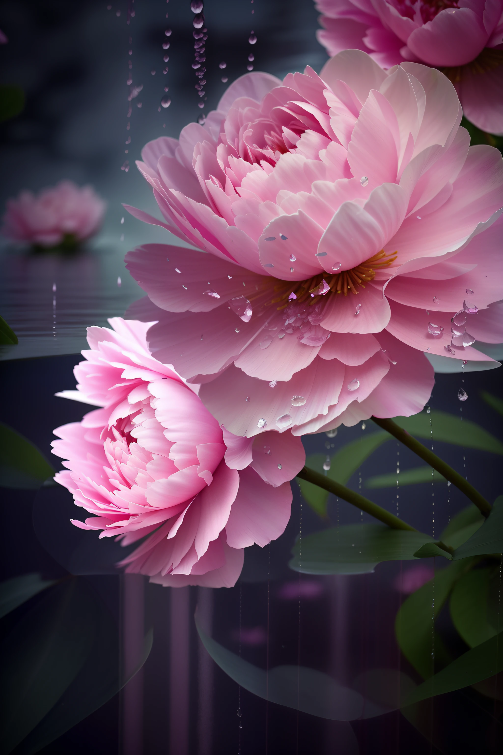 There is a pink flower in the water, Pink reflections, Peony flower, beautiful flowers and crystals, flowers rain everywhere, reflecting flower, flowers exploding and spraying, Peonies, Peony flower, pink petals fly, pink flower, pink waterfalls, Drizzle, Rained, very beautiful photograph of, Peonies, beautiful  flowers, heavy rain poured, Pink petals，3D realism