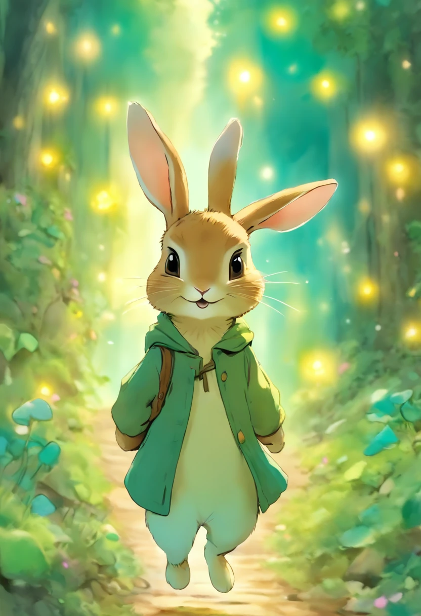 comiс style, painted in vivid watercolor, Bipedal rabbit, Roupas fofas, olhos verdes, branco, cinza, azul. amarelo, extremamente detalhado, altamente detalhado, obra prima, Fundo do conto de fadas, Wonderland, dynamic colours, Luz de conto de fadas, Directed by: Beatrix Potter, Susan Wheeler, Cristopher Denise e Jean-Baptiste Monge, UHD 32k