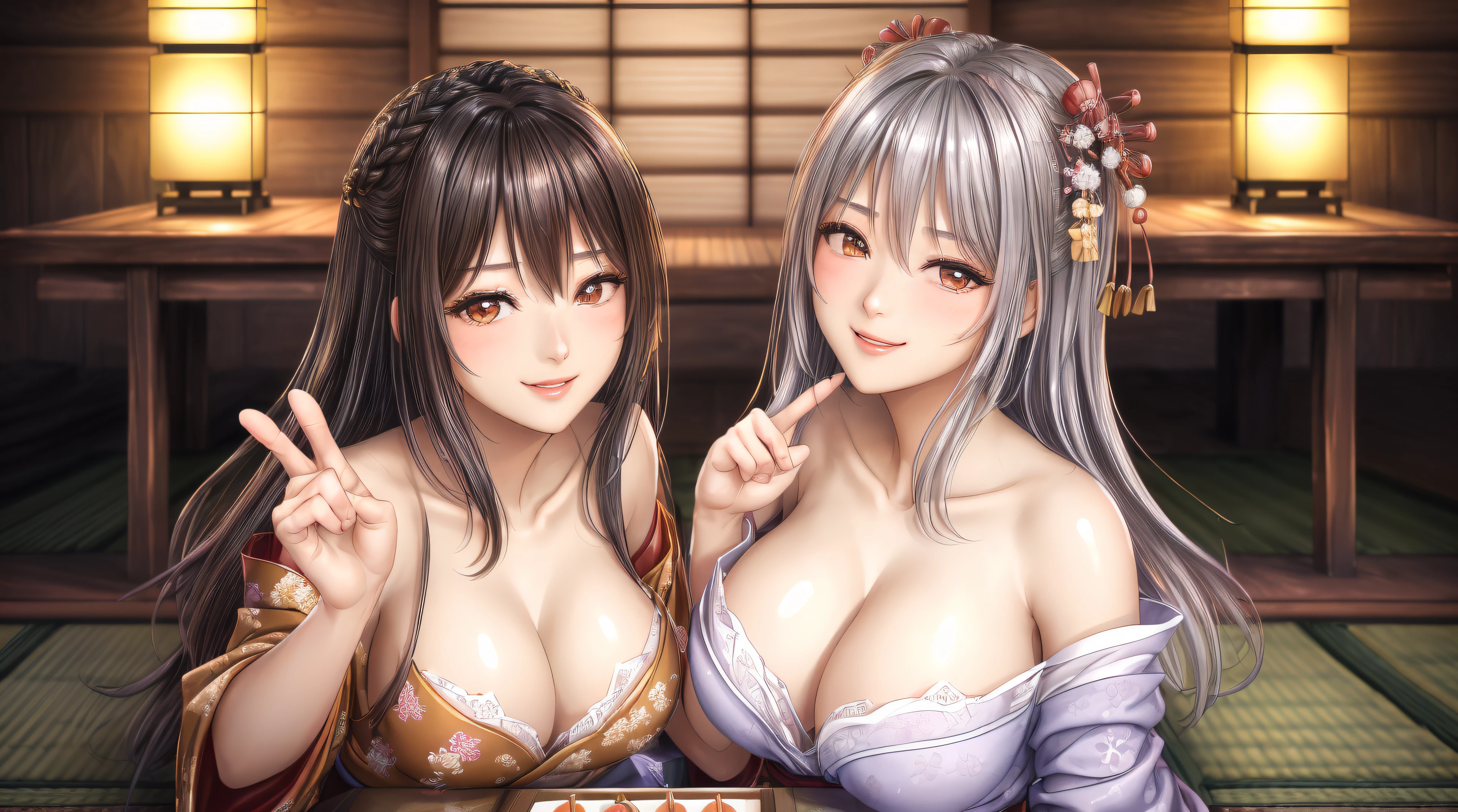 top-quality、masterpiece、femele(in her 20s~age 30s、Beautie、Beautuful Women、Multiple people)、hairstyle on(Black hair、brown haired、Silvery hair、Golden hair、long、midiam、Japanese hair)、faces(Gentle、Cute smile、Lovely smile、Opening Mouth、kawaii eyes、dual)、body type(Perfect Style、Beautiful skins、Small)、garments(Colorful and long yukata)、The location(Night streets in Kyoto、traditional Japanese room、Tatami mats、Tea utensils available、There are lanterns)、action(the hair flutters with the wind、Gesture of grabbing hair with hand、Rest、Drinking Japan tea、Pointing gesture)、qulity(in 8K、fullHD、ultra-quality、Ultra-delicate images、Ultra-detailed details、ultra-quality、ultra-fine drawing、Best Quality, masutepiece、Best Shots、The whole picture、