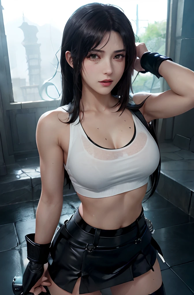 High quality, (highdetailskin:1.4), Photography, Convoluted, Elaborate, one girls, (( Final Fantasy 7R,Tifa Lockhart)), wetting hair、Wet clothes、wet face、a wet body、full bodyesbian,Sheer chest, sexually arousing, Sex Expressions, Functional sexy、legs separated,Sheer Lace Cross,soaking wet,perspired,Metamorphosis is exposed, Glossy glossy skin、、cabelos preto e longos, the perfect body, a black skirt, white tank tops,