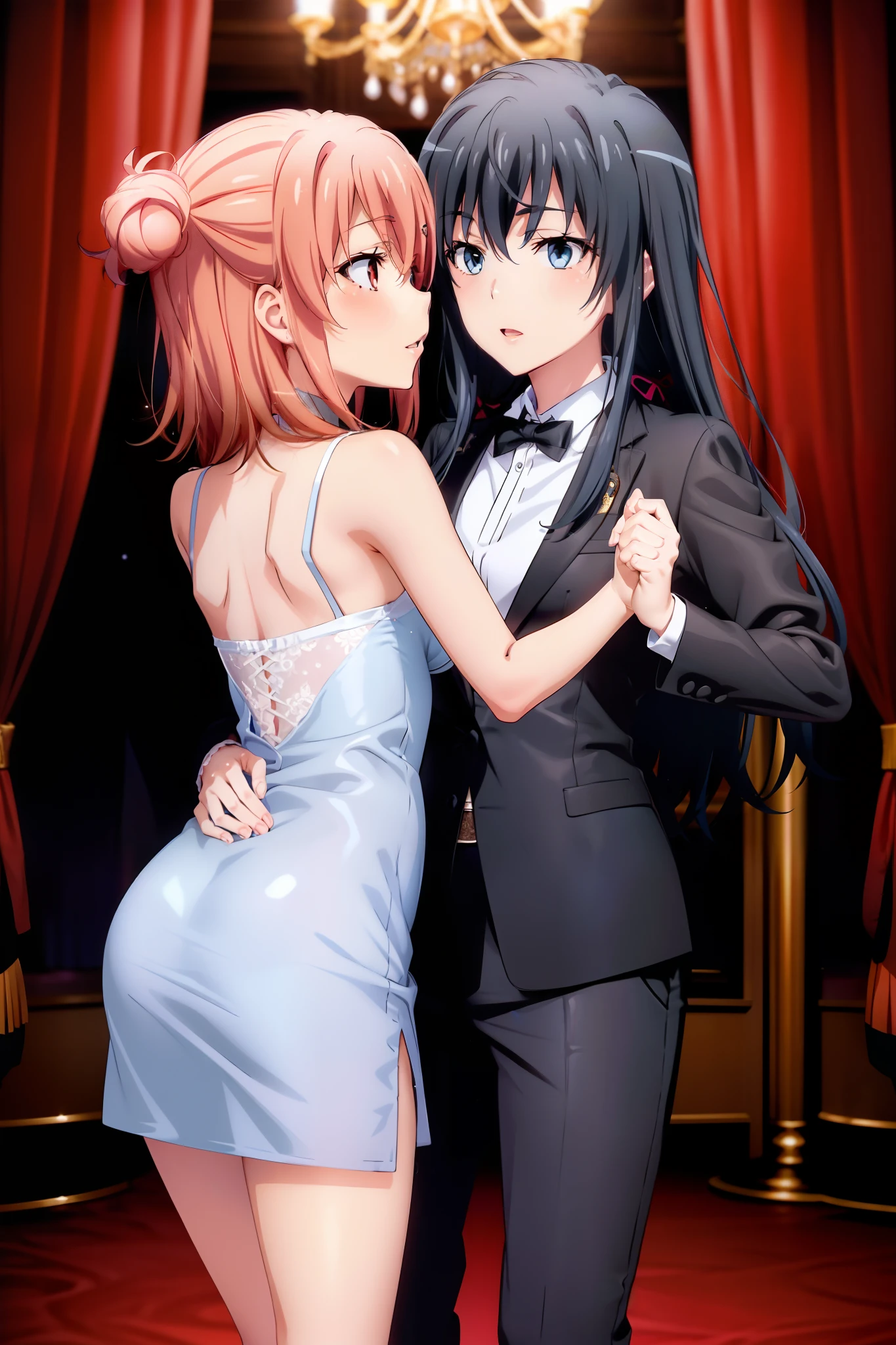 2girls, yuri, Yukinoshita Yukino, Yuigahama yui, Yui wears tuxedo and jeans, yukino in a wedding Dress, Waltz dance, Females, princess carry, boobs