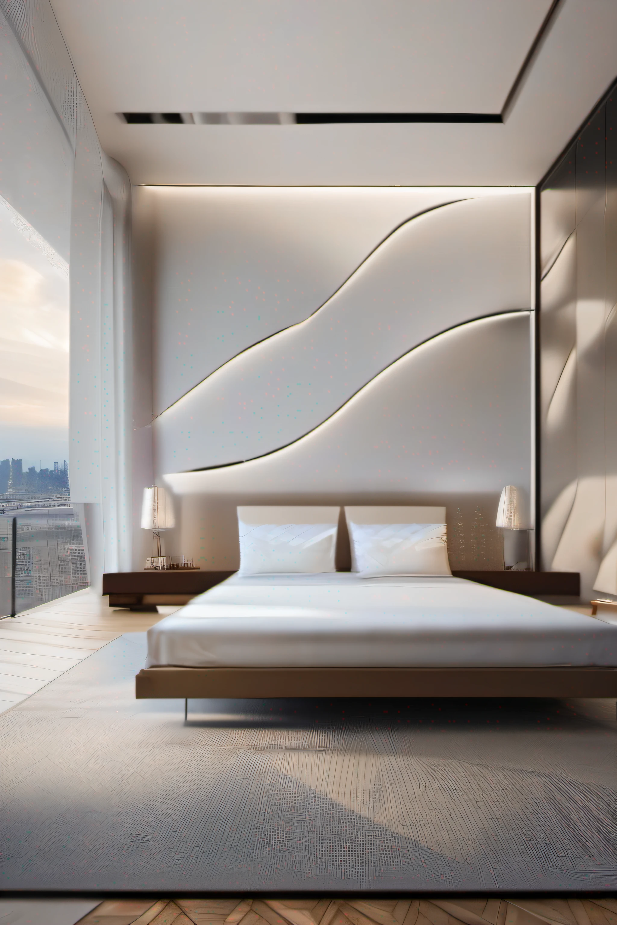 Bedrooms,There is a wall in the middle of the room,The painting on the wall is in the middle, Paintings on the walls, skyscape, Large airy windows, Zaha Hadid and Santiago Calatrava landscape panoramic style, Fish, Clear light, Edge lighting, Perfect image, Building summary style, 16k UE5. superfine, 8K, hdr, Product photography, Depth of field, Nikon D850, Ultra-realistic, no contrast, clean sharp focus, professional, No blurring