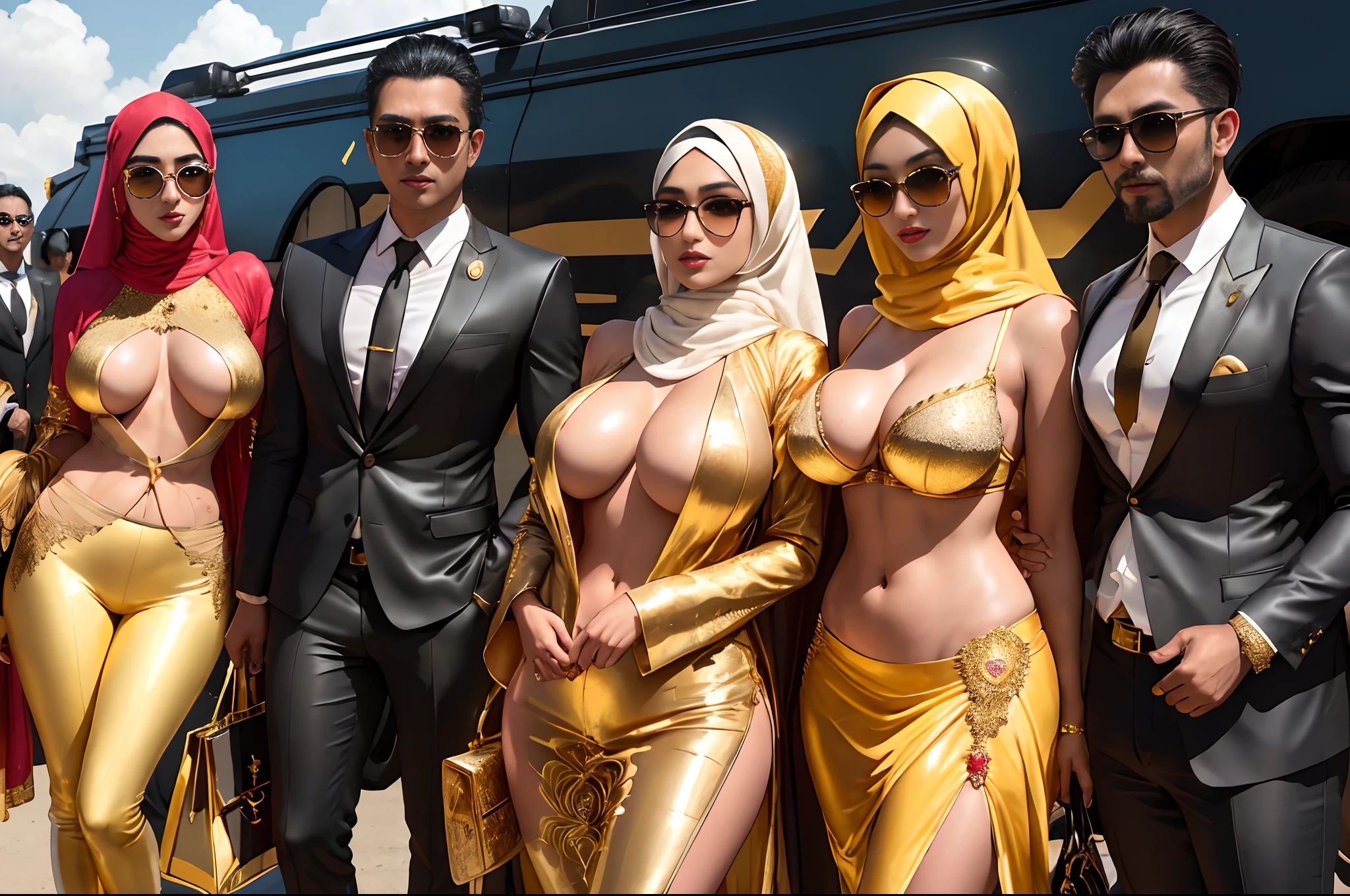 araffes dressed in gold and black posing for a picture, inspired by Hedi Xandt, latex outfits, exotic costumes, trailer, middle eastern skin, sexy movie photo, mia khalifa, gold suit, looks realistic, slide show, in style of kar wai wong, hyper realistic”, hyper realistic ”, by Hedi Xandt, dressed in expensive clothes