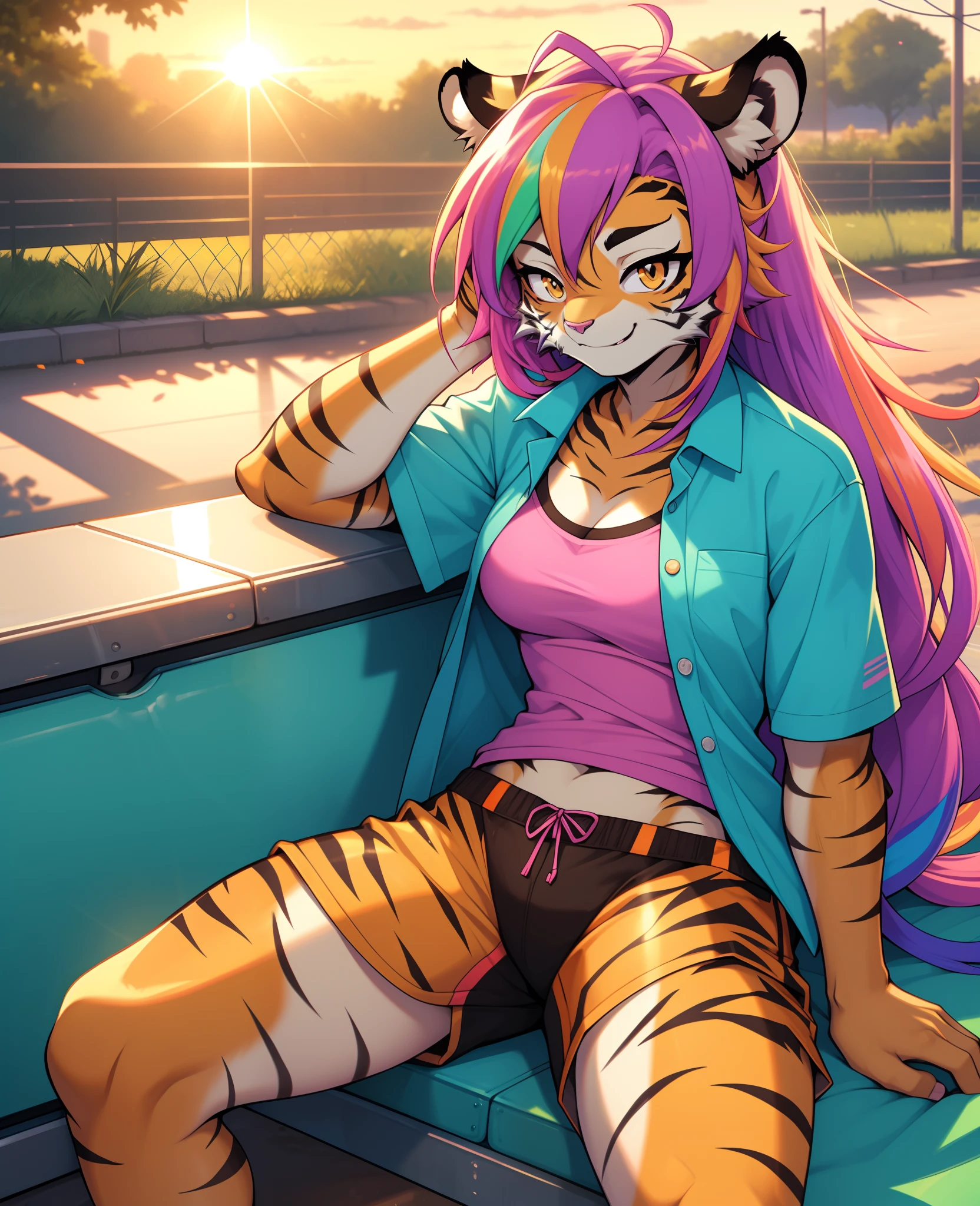 drunk and exhausted 1990s \(style\) raver female (tiger:1.2), tired but satisfied smile, colorful hair, sitting outside a rave at sunrise, sun shining through her hair, colorful raver clothing, colorful open shirt, colorful shorts, thong,