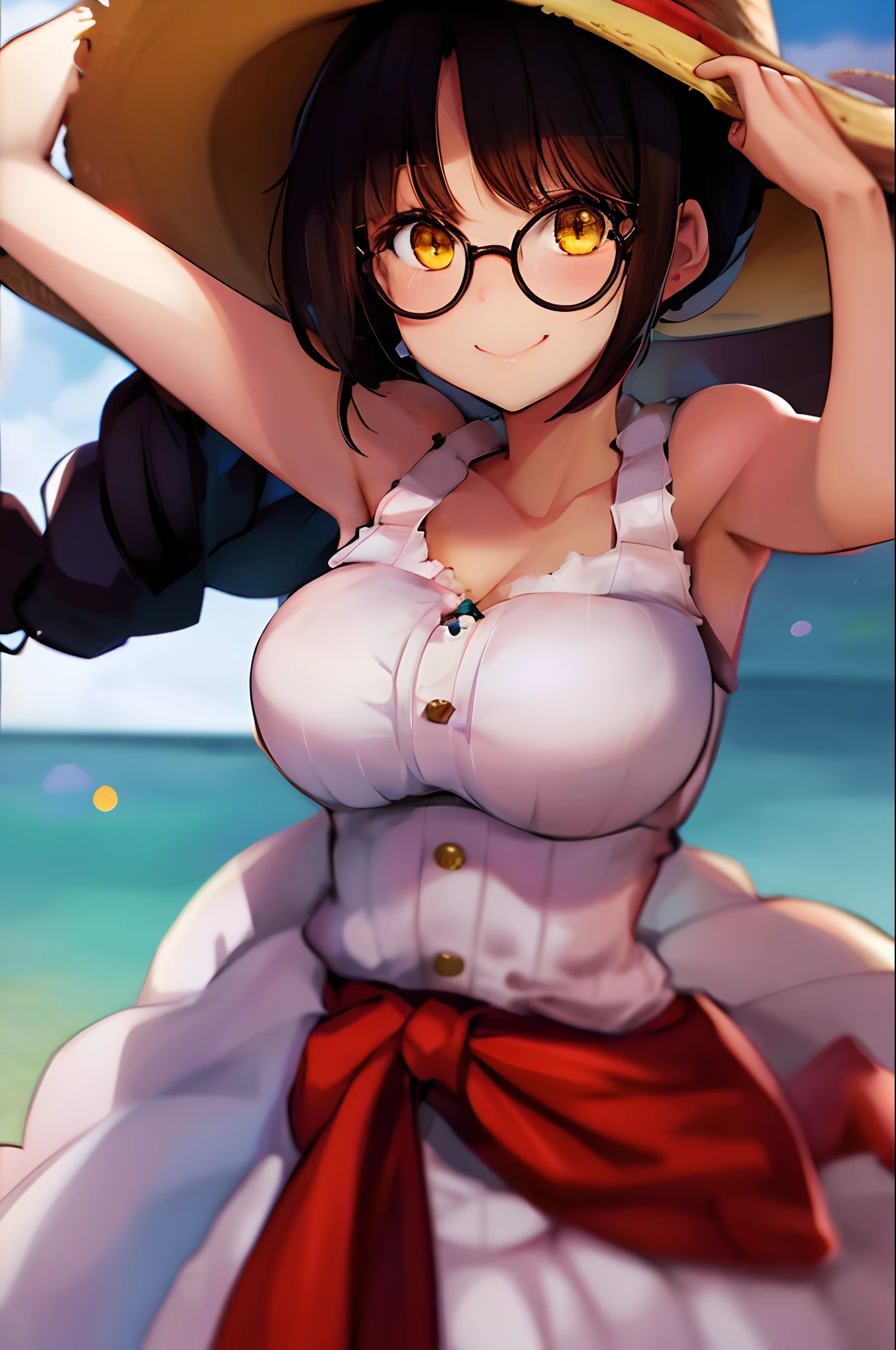 absurdres, ren, 1girl, ocean, railing, white dress, sun hat, smile, (realistic:0.75), (waving:0.9), black hair, long braided pigtail, yellow eyes, glasses