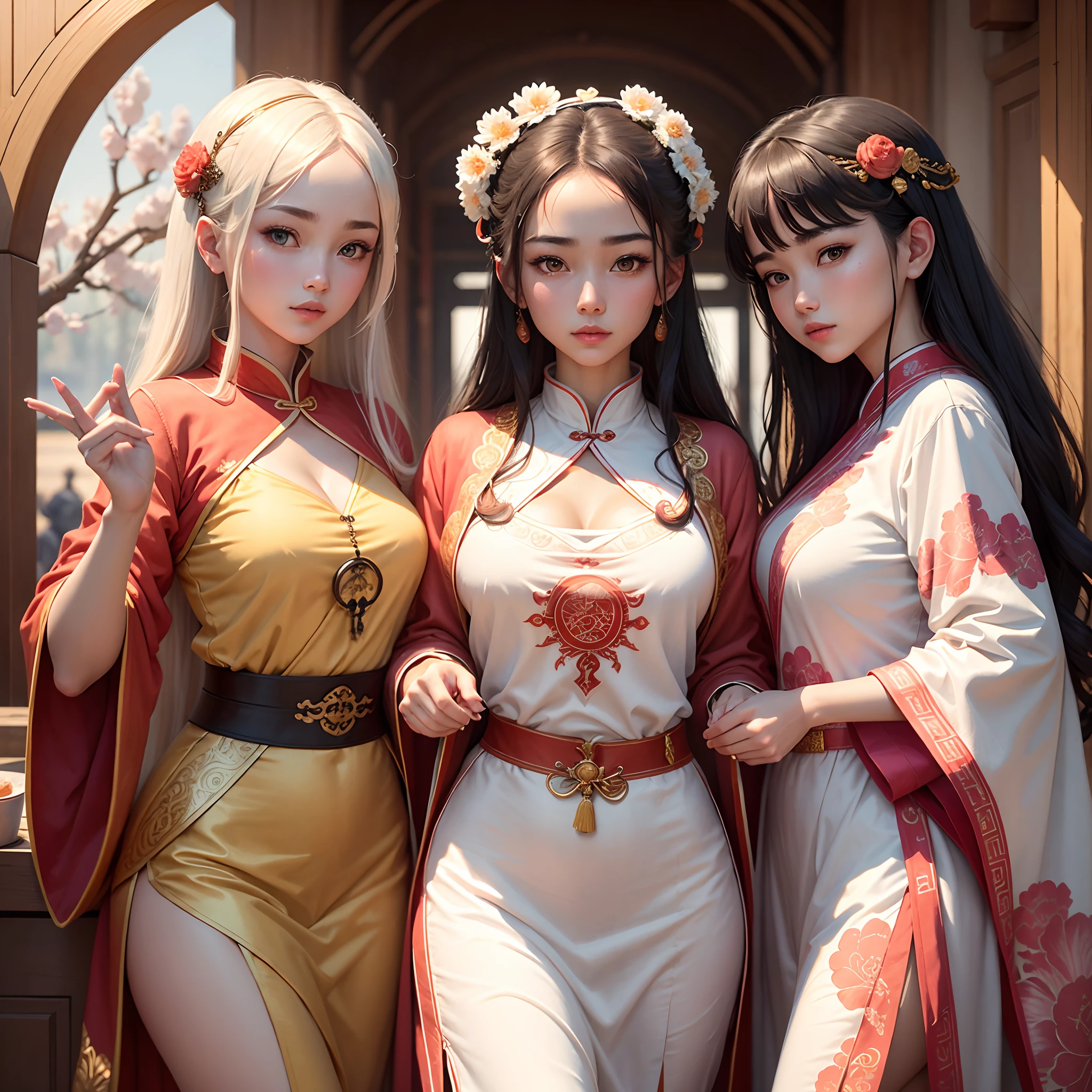 Best quality, Masterpiece, A high resolution,3girl,Beautiful face,full bodyesbian,Chinese clothes,White Taoist robes,Hold the sword in your right hand (ornate decoration),Peach tree,