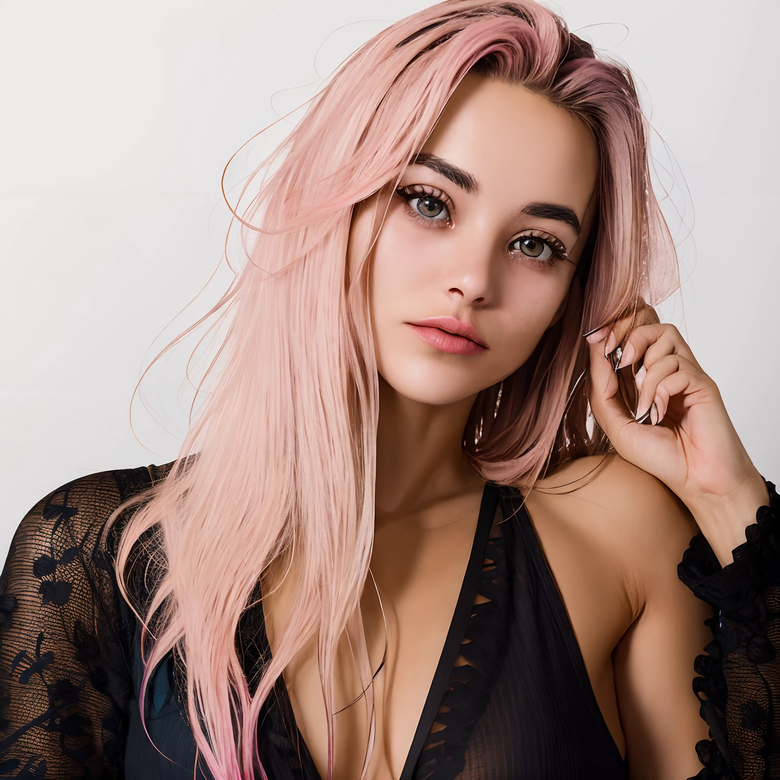 Capture a woman with vibrant pink hair and a black shirt, showcasing her ombre purple and pink hairstyle. Explore the artistic potential of a shallow depth of field, emulating the nostalgic charm of vintage photography achieved through older lenses or aperture settings. Emphasize the authentic texture and pores of her skin, crafting a true-to-life and organic visual experience. Beautiful eyes. Sexy position