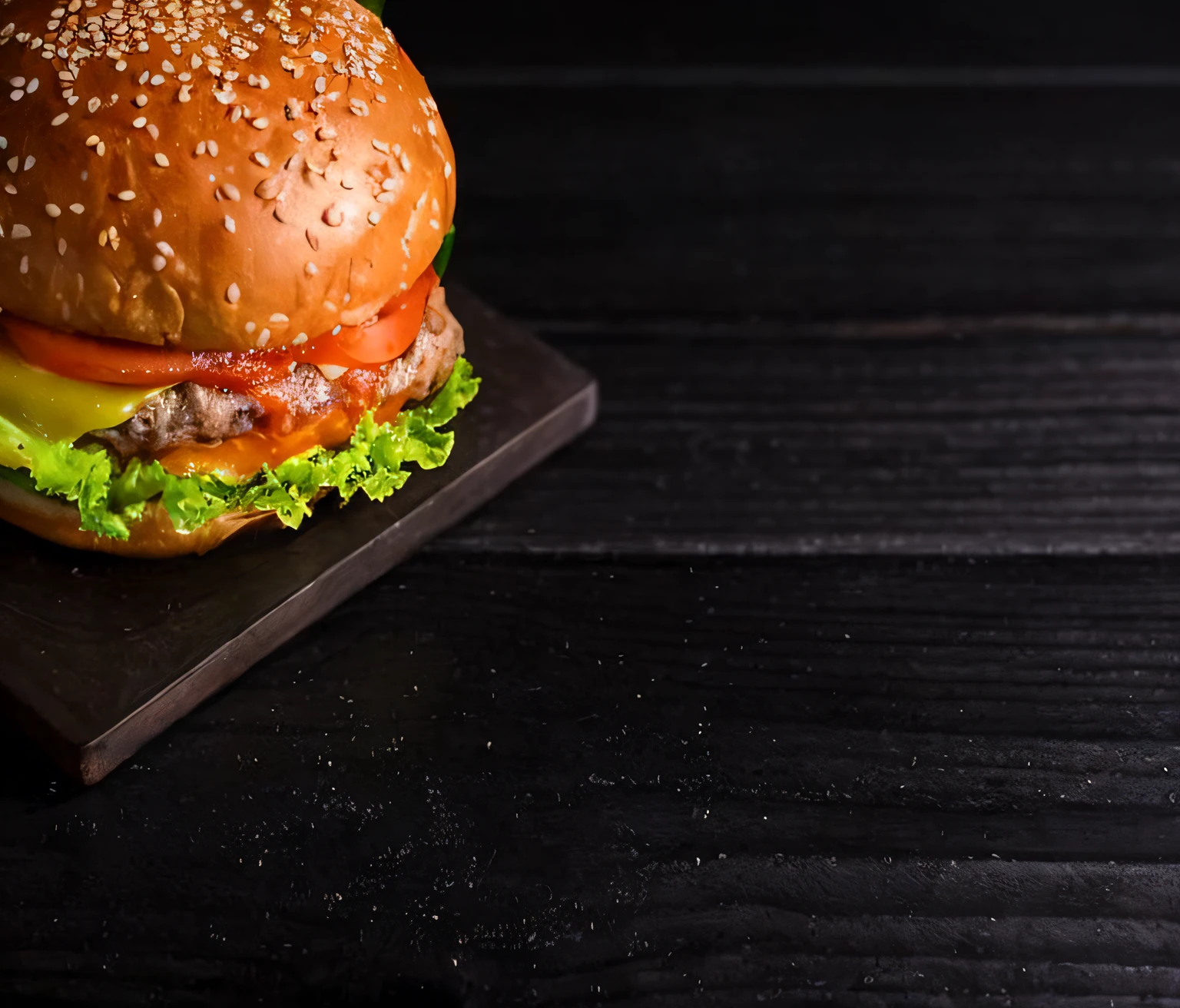 a closeup of a burger with lettuce, tomate e queijo, Delicious burger with sesame seeds, burger on a plate, burger with a mouth, Alimentos comerciais 4K, Fotografia de comida de alta qualidade, fotografia profissional de alimentos, burger, big juicy burger, burger with human mouth, em um fundo escuro, operating on burgers, serving burgers, burger, cheeseburguer