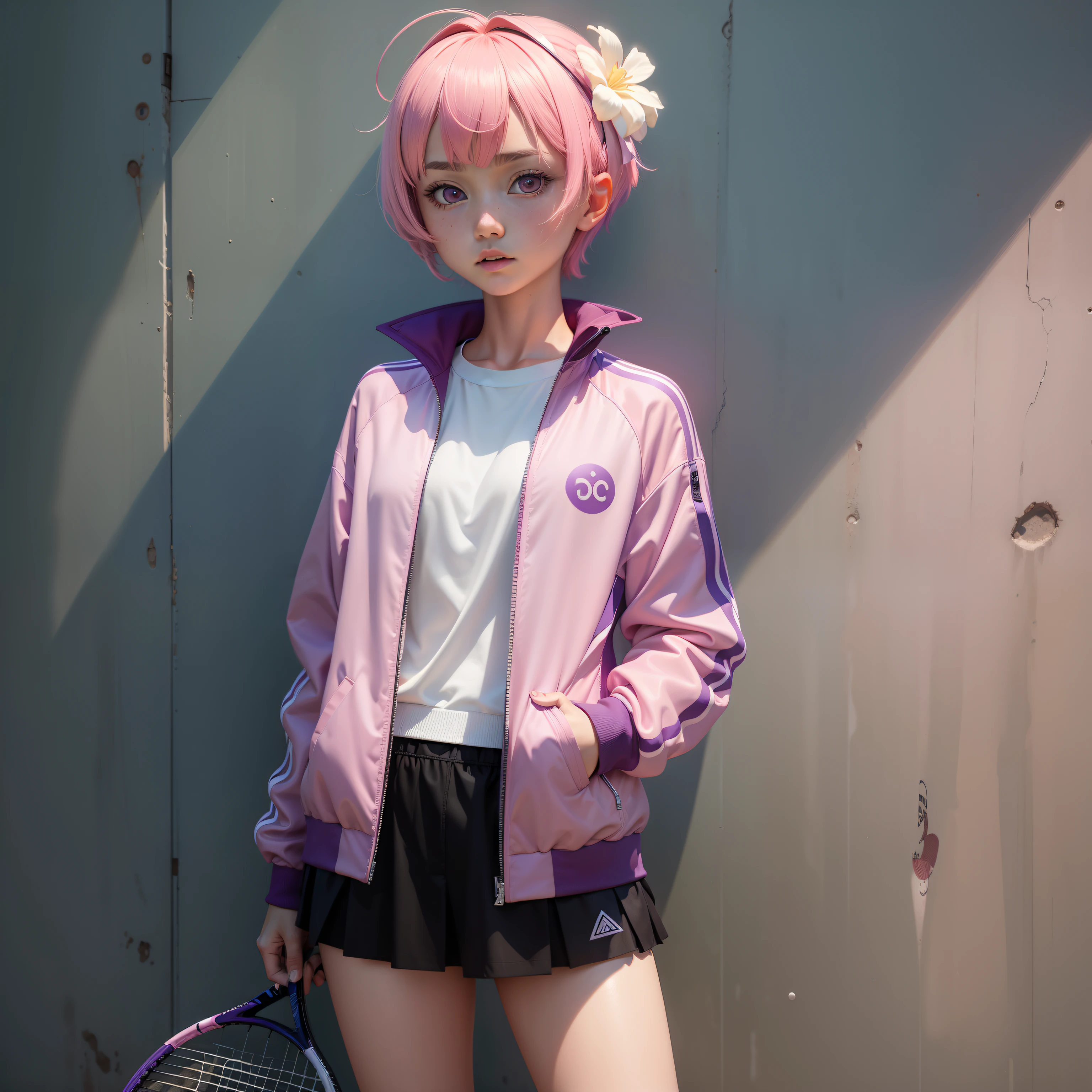 tennis coat,PH Momo, momohd, phmomo, Solo, 1girl in,  Pink hair, Purple eyes, Short hair, Hair Flower, Wear tennis wear, Big eyes, embarrassed,Holding a tennis racket in his right hand,The left hand does not hold anything,