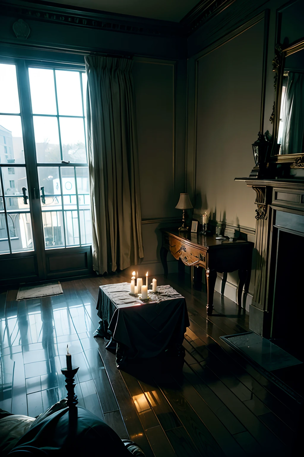 A room that belongs to a depressing wraith, dark, candle light, mood is gloomy, constricting, stifling, despondent, burnout, suffocation, sapping, deflating.