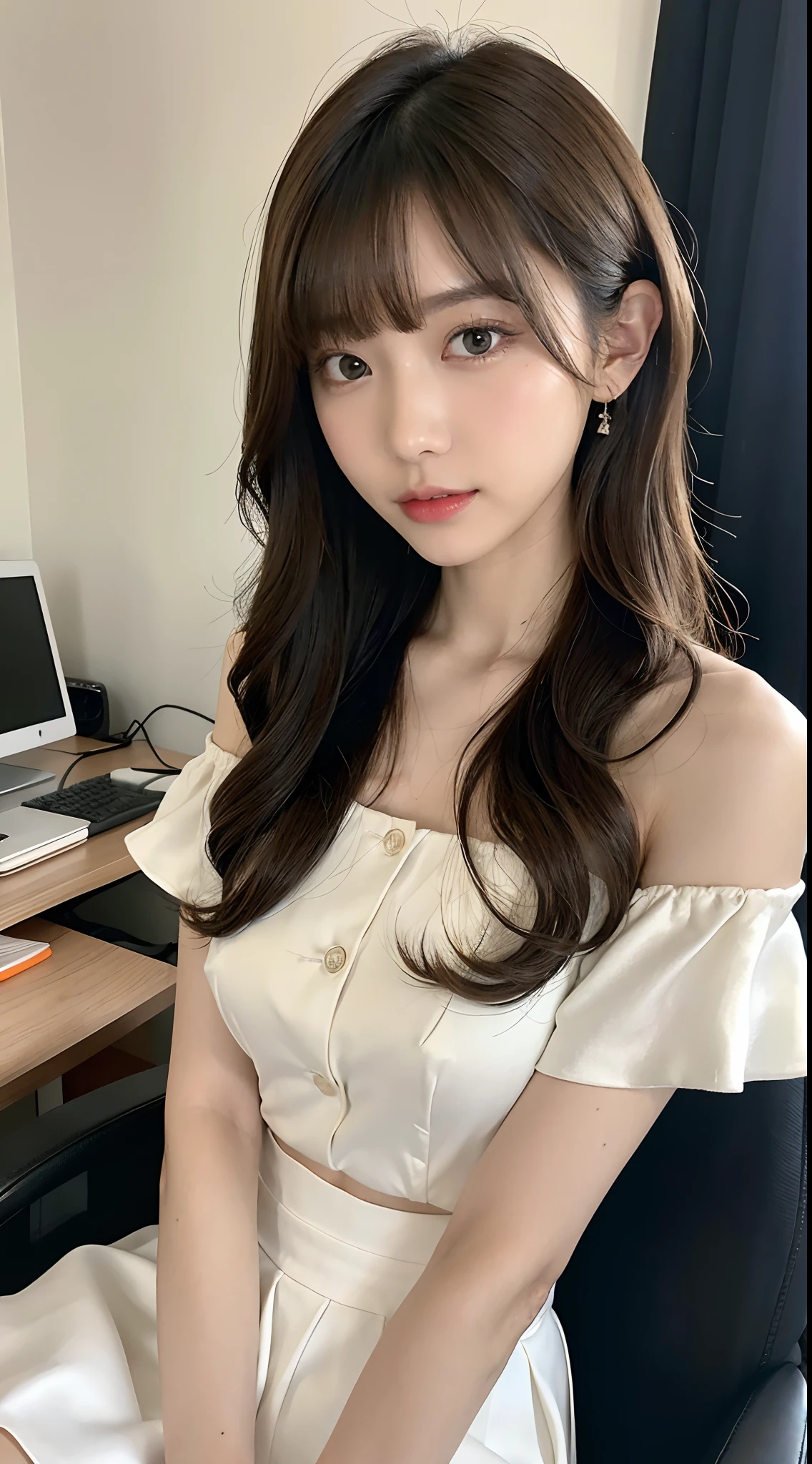 Classy and cute girl, (Wearing classy off-shoulder white silk blouse:1.2), (Orange flared skirt:1.3), Close the button,
Detailed eyes, symmetrical eye, Light brown eyes, Double eyelids, Thin eyebrows, Glossy lips, (Serious expression),
medium large breasts, (Slender figure:1.1), Perfect figure, Firm abs, Beautiful collarbone,
(Dark blonde hair, Wavy Hair), ((Long hair:1.2)), (asymmetrical bangs), (Looking at Viewer), (Focus on your profile:1.2)
BREAK,
Sitting and working at a desk in the office using a PC, (A neat and tidy desk),
In a stylish and modern office, ((upperbody shot:1.2)), (From Side),
BREAK,
(masutepiece:1.3), Realistic, Photorealsitic, Raw photo, beautifull detailed face, pale skin, realistic glistening skin, Detailed Cloth Texture, detailed hair texture, Perfect body, Beautiful face, acurate, Anatomically correct, Highly detailed face and skin texture, Natural neck length, (Beautiful hands), (Fair skin:1.2), thin legs, Thin feet,