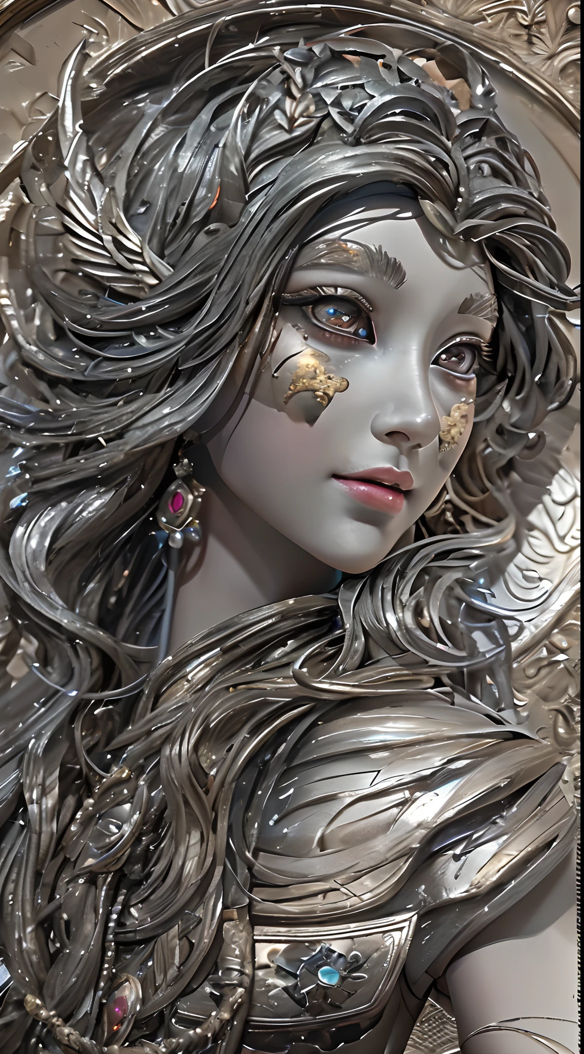 (best qualtiy,ultra - detailed,Most Best Illustration,Best shadow,tmasterpiece,A high resolution,professionalartwork,famousartwork),Detailed eyes,beautidful eyes,closeup cleavage,sci-fy,colored sclera,Robot eyes,face markings,Tattooed with,(fractalized,Fractal eyes),largeeyes,Wide eyes,(Eye focus),sface focus,Cosmic eyes,Space eyes,Close-up of metal sculpture of a woman with a moon in her hair,goddes。extremly high detail,3 d goddess portrait,Extremely detailed footage of the goddess,a stunning portrait of a goddess,Side image of the goddess,portrait of a beautiful goddess,Full body close-up portrait of the goddess,hecate goddess,portrait of a norse moon goddess,goddess of space and time,PureErosFace_V1,Urzang-6500-V1 version.1,