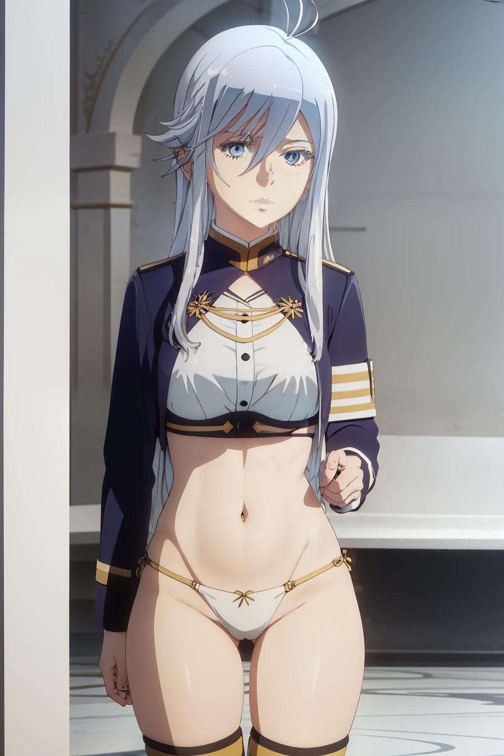 Generate a image of Vladilena Mirizé from 86, white long hair, blue eyes, wearing bikini, wall background, (anime art style),