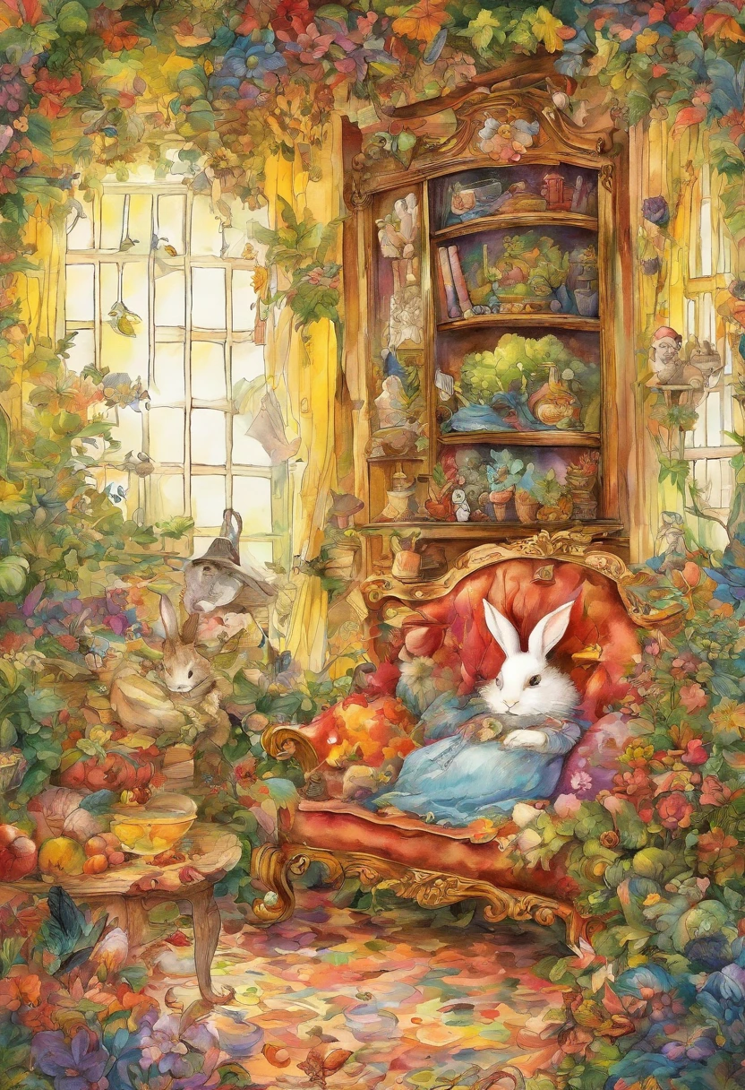 comiс style, painted in vivid watercolor, Bipedal rabbit, Roupas fofas, olhos verdes, branco, cinza, azul. amarelo, em uma toca, smelling a sofa, sniffing a couch, extremamente detalhado, altamente detalhado, obra prima, Fundo do conto de fadas, Wonderland, dynamic colours, Luz de conto de fadas, Directed by: Beatrix Potter, Susan Wheeler, Cristopher Denise e Jean-Baptiste Monge, UHD 32k
