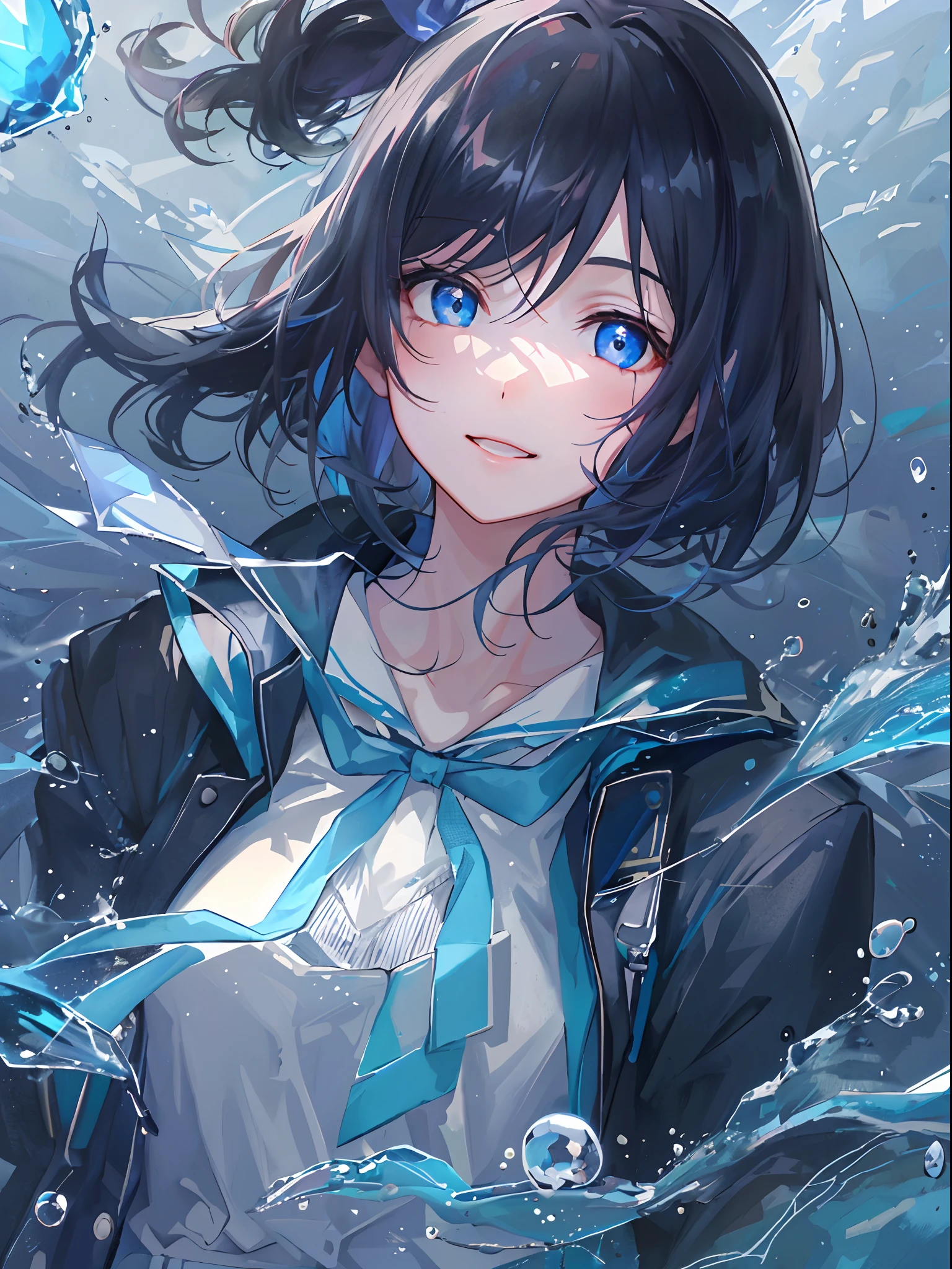 ((top-quality)), ((​masterpiece)), ((ultra-detailliert)), (extremely delicate and beautiful), girl with, 独奏, cold attitude,((Black jacket)),She is very(relax)with  the(Settled down)Looks,A dark-haired, depth of fields,evil smile,Bubble, under the water, Air bubble,bright light blue eyes,Inner color with black hair and light blue tips,Cold background,Bob Hair - Linear Art, shortpants、knee high socks、White uniform like school uniform、Light blue ribbon ties、Clothes are sheer、Hands in pockets, Bright eyes like sapphires, flourescent blue,