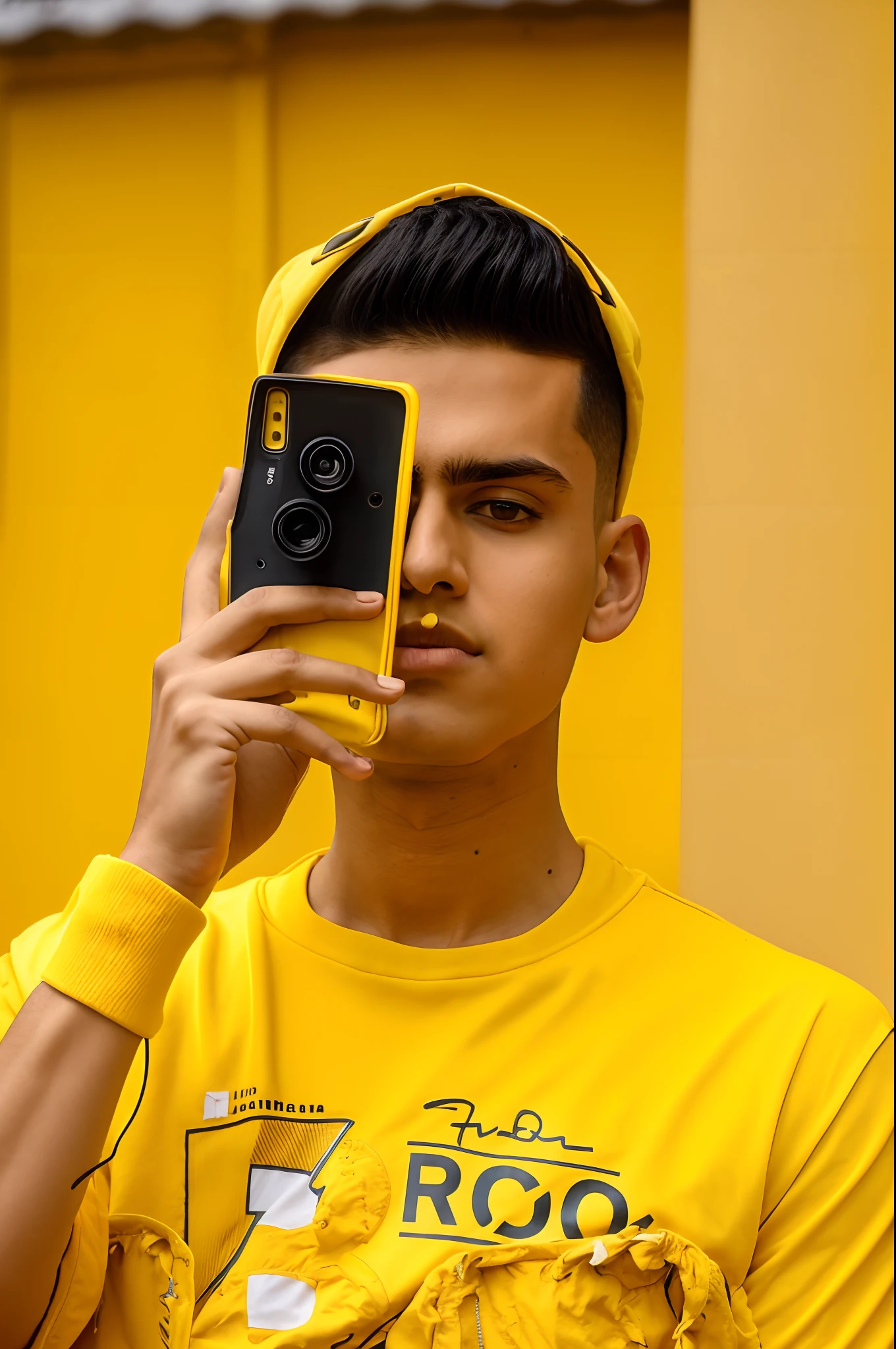 arafed man with a mohawkcut and yellow shirt standing in front of a car, male ager, yellow clothes, wearing a modern yellow tshirt, yellow hue, teenboy, with yellow cloths, wearing a yellow hoodie, shot on nikon z9, on a yellow canva, profile pose, wearing yellow croptop, vibrant colour, thin young male