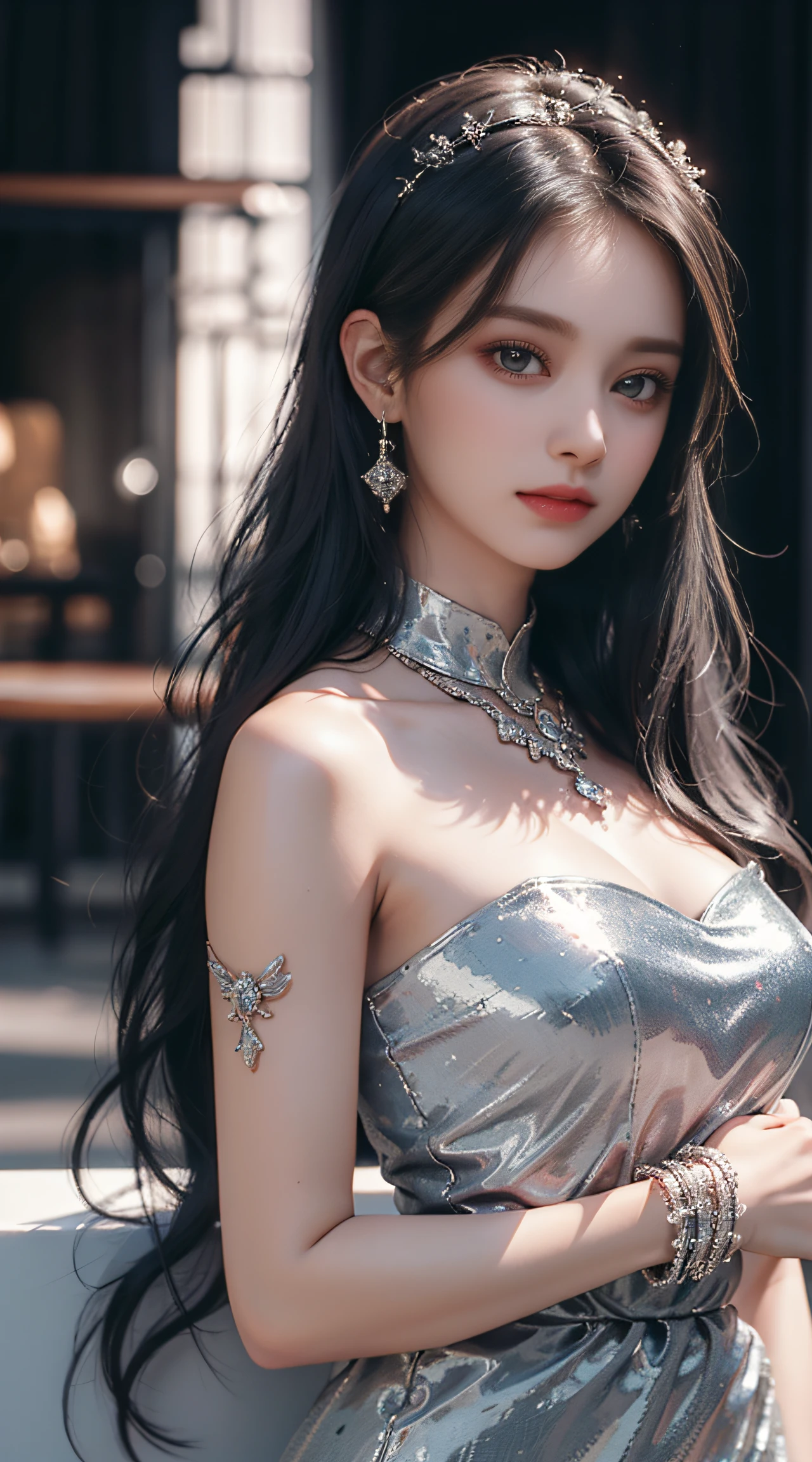 ((whole body)), ((from below)), ((gufeng,bare shoulders)), clear face, pretty face, 8k, masterpiece, original photo, best quality, detail:1.2,lifelike, detail, Very detailed, CG, unity, wallpaper, depth of field, movie light, lens flare, Ray tracing, (extremely beautiful face, beautiful lips, beautiful eyes), complicated, detail face, ((ultra detailed skin)), 1 girl, in the darkness, deep shadow, beautiful korean girl, kpop idol,(Very slim figure:1.3), plump breasts, Slender sexy legs, elegant posture, (bright smile), (City night, (neon lights), (night), beautiful korean girl, white diamond earrings, diameter bracelet, Dia Necklace, clear eyes, facing forward, (big eyes)