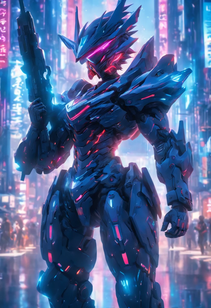 Futuristic soldier with hi-tech armor and weaponry, holograms navigations, street, overcast, reflection mapping, intricate design and details, dramatic lighting, hyperrealism, photorealistic, cinematic, 8k, unreal engine --ar 9:16