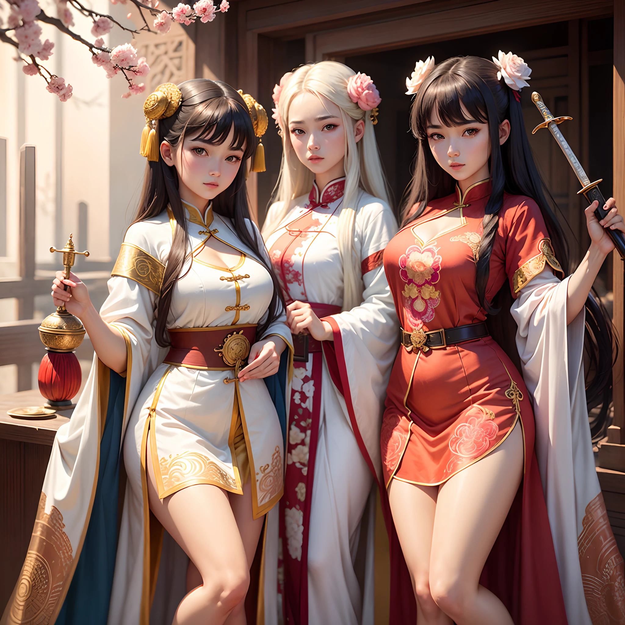 best quality, masterpiece, highres, 3 noble girls, luxury chambers bedroom background, lying on bed, lesbians, making out, kissing, intimate, laying on eachother, kneeling, shot from behind, touching eachother, seducing, snapping, eighteen forbidden, asian style, hanfu, white and even teeth, irises, full body shot, shot from behind, chinese women's clothing, chinese traditional dress, long dress, different colors, wearing a nightgown thin lace deep slit chest, chinese underwear, stockings, wearing stockings, all wearing stockings, lace stockings, mesh stockings with hooks on underwear, garter belt, high heels, high boots, wearing high leather boots, high latex boots, corsait, turtleneck polo lace top, choker, leash, BDSM, chains, chained, long gloves, makeup, eyes with very sharp and detailed makeup, lipstick, very long hair, ponytail, hair ornaments, necklace, jewelry, crown jewelry, Pretty face, magic import style, tyndall effect, photo realistic, dark studio, border light, two tone light, (high detail skin: 1.2), 8k uhd, dslr , soft light, high quality, volumetric light, candid, Photo , high resolution, 4k, 8k, Bokeh, In the Dark: 1.6), surreal full body of women by David Hockney and Alphonse Mucha, fantasy art, photorealism, dynamic lighting, station art, posters, volumetric lighting, highly detailed faces , super 8k, Awarded, in the dark, deep shadow, low light, bust, Royal style family, Best face, Very round and tight breasts, Surreal, guweiz, (full body), (Background detail 1.8), moderately big butt, --auto