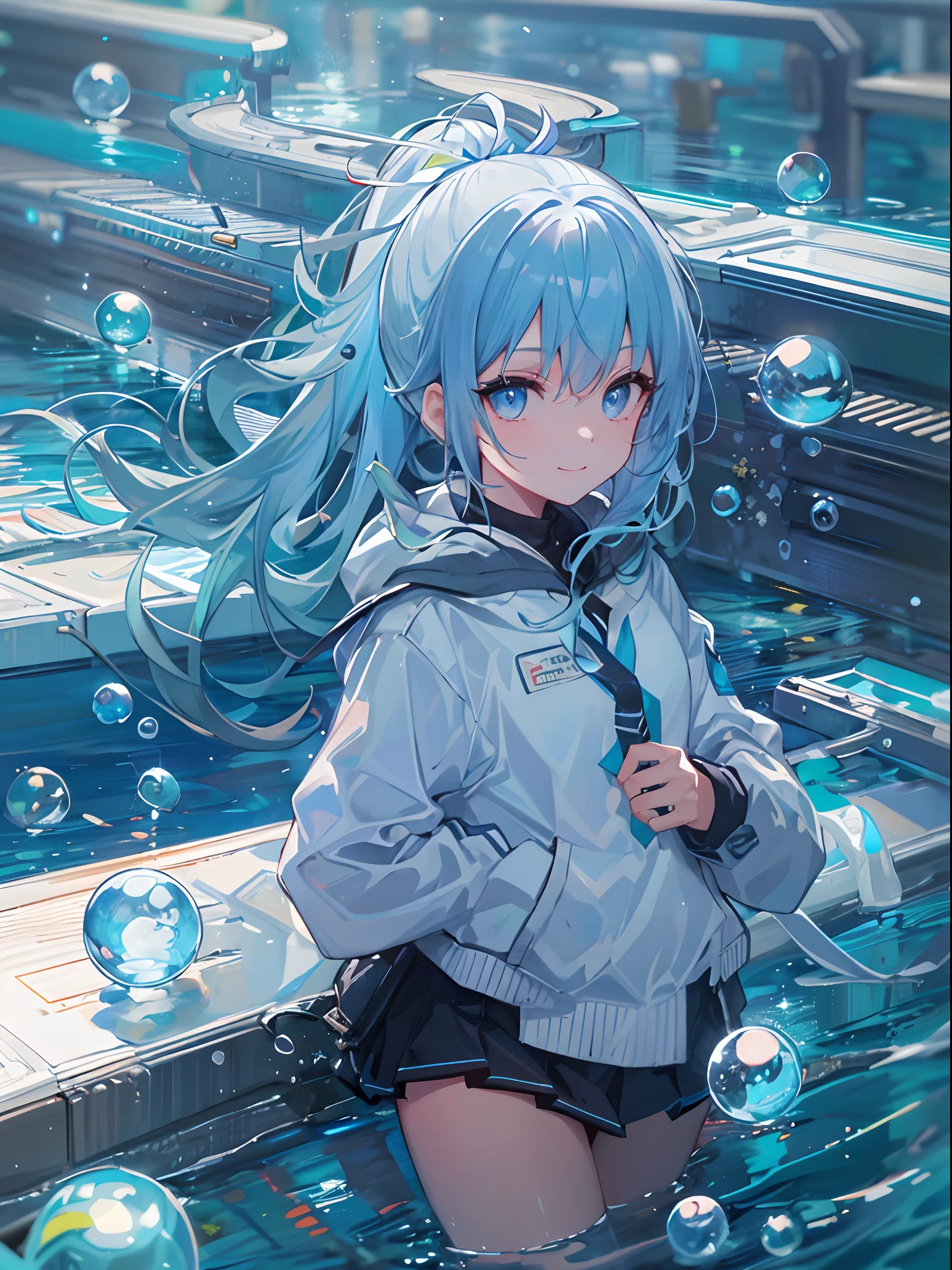 ((top-quality)), ((​masterpiece)), ((ultra-detailliert)), (extremely delicate and beautiful), girl with, 独奏, cold attitude,((Black jacket)),She is very(relax)with  the(Settled down)Looks,A dark-haired, depth of fields,evil smile,Bubble, under the water, Air bubble,bright light blue eyes,Inner color with black hair and light blue tips,Cold background,Bob Hair - Linear Art, a miniskirt、knee high socks、White uniform like school uniform、Light blue ribbon ties、Clothes are sheer、Hands in pockets、Ponytail hair, Bright eyes like sapphires, flourescent blue,