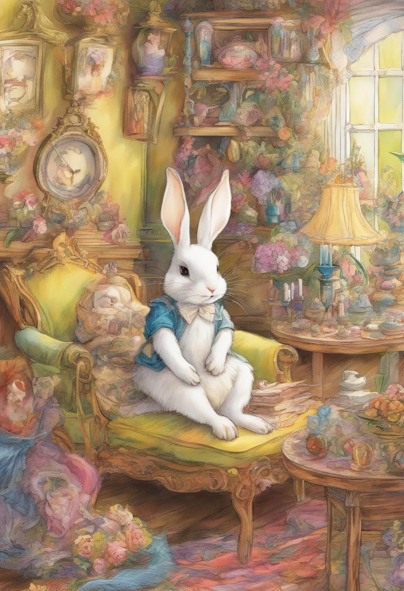 comiс style, painted in vivid watercolor, Bipedal rabbit, Roupas fofas, olhos verdes, branco, cinza, azul. amarelo, em uma toca, smelling a sofa, sniffing a couch, extremamente detalhado, altamente detalhado, obra prima, Fundo do conto de fadas, Wonderland, dynamic colours, Luz de conto de fadas, Directed by: Beatrix Potter, Susan Wheeler, Cristopher Denise e Jean-Baptiste Monge, UHD 32k