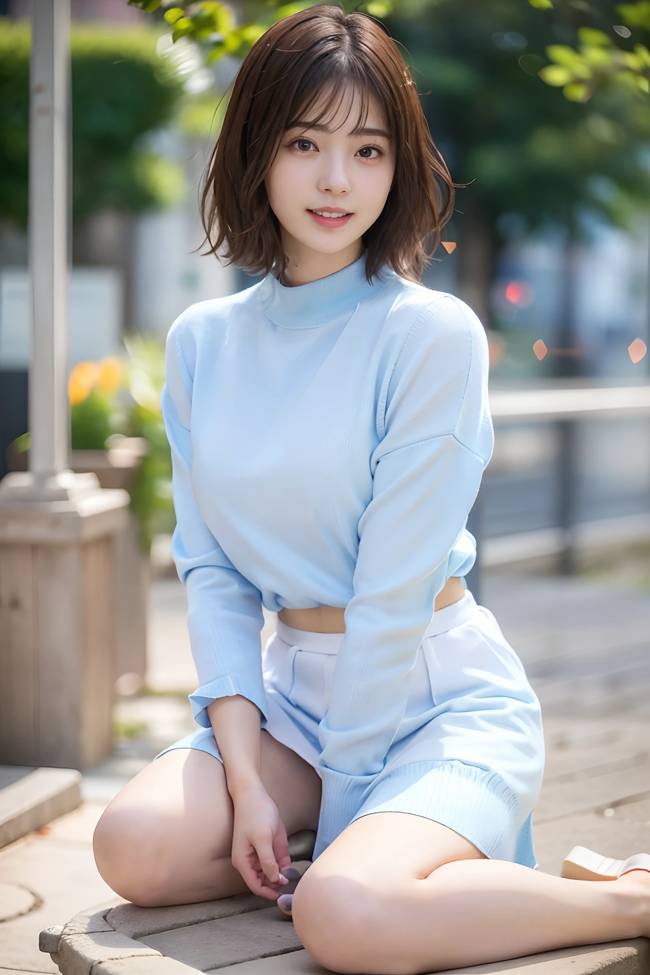 (skin blemish:1.2), (skin indentation), dark circles, 1womanl, 25 age old, (((woman))), Solo, Realistic, Best quality, Photorealistic, Mastery, 8K, A high resolution, Solo, Extremely detailed face, (Professional lighting,Bokeh),(light particules,lens flare glow,Luminous Particle:0.6),(dynamicposes:1.2),gentlesoftlighting,Top corner view,Trendy atmosphere,jpn,the street,城市,toyko,ports,((In the daytime)), Skysky, ((looking at viewert:1)), (looks into camera), opulent, standing on your feet, keep original facial proportion, Shave your shoulders, full bodyesbian, (Medium chest), (short detailed hair), A brown-haired, Fluttering, cparted lips, lipsticks, Seductive smile, ssmile, Open-mouthed, teeth, (Blue skinny sweater), (white colors)(Business miniskirt), eyeslashes, birthmark, (Moles under eyes: 1),Legs are well-proportioned, Slender and fair,A pair of lotus ankles are white and tender,without wearing shoes,Beautiful feet with meticulous details,Focus on the chest,fully body photo