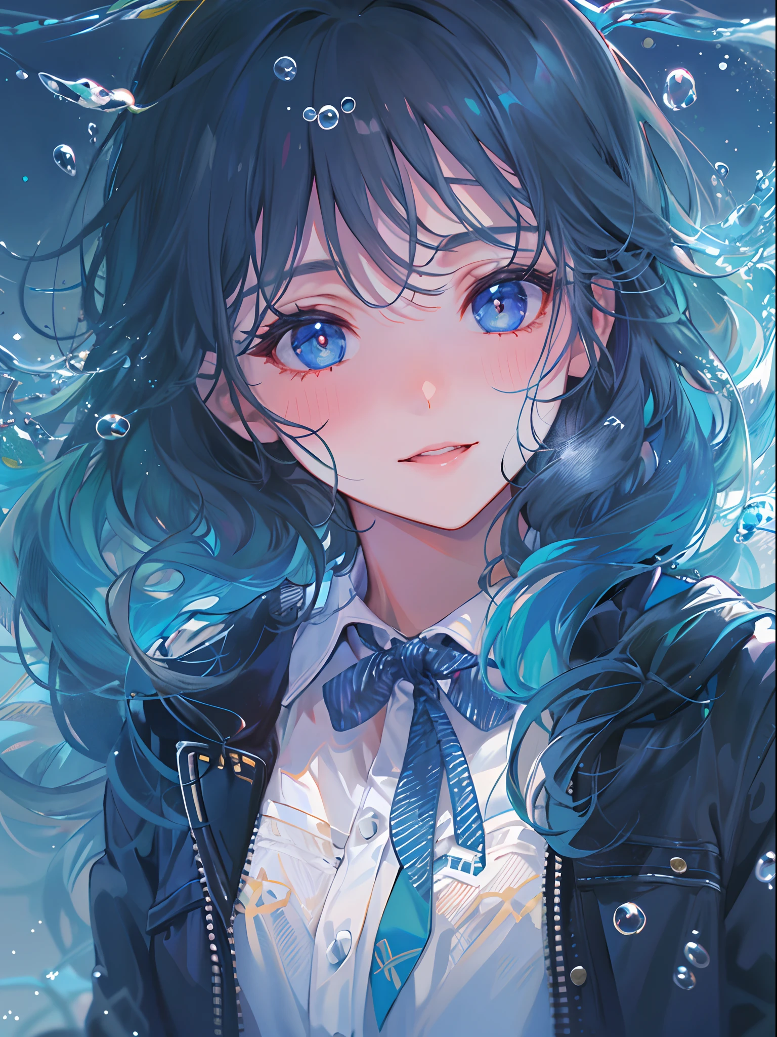 ((top-quality)), ((masterpiece)), ((ultra-detailliert)), (extremely delicate and beautiful), girl with, 独奏, cold attitude,((Black jacket)),She is very(relax)with the(Settled down)Looks,A dark-haired, depth of fields,evil smile,Bubble, under the water, Air bubble,bright light blue eyes,Inner color with black hair and light blue tips,Cold background,Bob Hair - Linear Art, a miniskirt、knee high socks、White uniform like school uniform、Light blue ribbon ties、Clothes are sheer、Hands in pockets、Ponytail hair, Bright eyes like sapphires, flourescent blue,