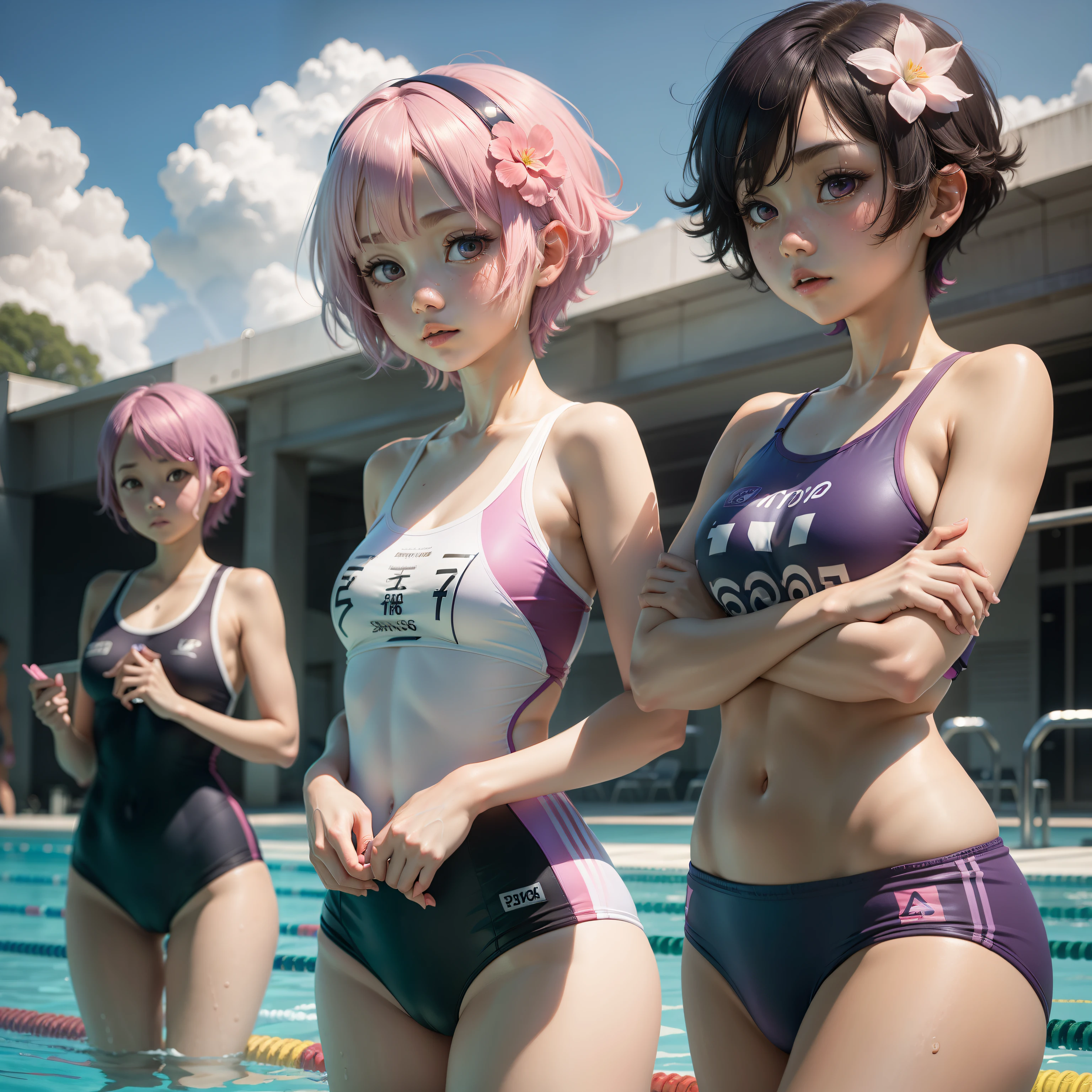 Swimming lessons,PH Momo, momohd, phmomo, Solo, 1girl in, Pink hair, Purple eyes, Short hair, Hair Flower, Wear a student swimsuit, Big eyes, embarrassed,