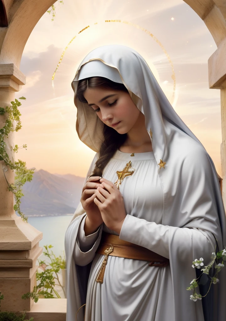 (((Blessed Virgin Mary of Mount Carmel))) Luminoso, en estilo similar al del artista WILLIAM ADOLPHE BOUGUEREAU, obra maestra, (La mejor calidad: 1.2), (super fine: 1.2), illustration, (extremadamente delicado y hermoso: 1.2), movie angle, flotante, (Hermoso ojo de detalle: 1.1), (detalle luz: 1.1), Movie Lights, Cielo delicado, ojos azules, (Cola de caballo alta: 1.1), capa, ojuelos, cielo estrellado, (light particles: 1.1) dibujo, flor. (obra maestra), (La mejor calidad), (fotorrealista:1.3), 8k, Textura detallada de la piel, Textura detallada de la tela, hermosa cara detallada, Detalles intrincados, ultra detallado (cuerpo de cuerpo entero:1.2)