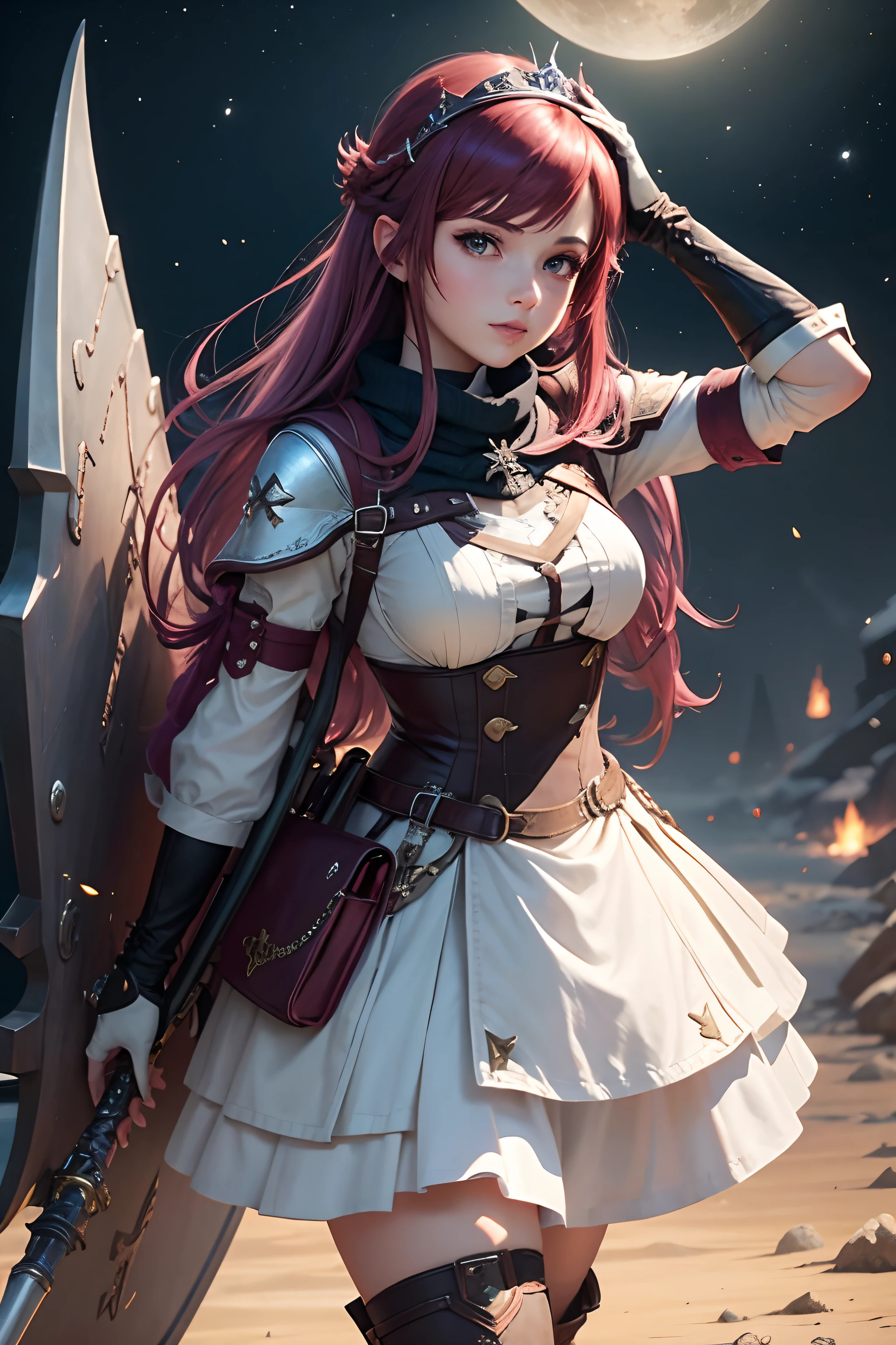 a close up of a person in a dress and boots, tranding on pxiv, white_gloves, trending on pxiv, female outfit, final fantasy 14 style, soldier outfit, professor clothes, jrpg fashion, fashionable rpg clothing, ffxi, sailor uniform, final fantasy 14 sharp, lunar themed attire , long untied hair, tiara, maroon hair, holding a heavy bowgun, monster hunter girl