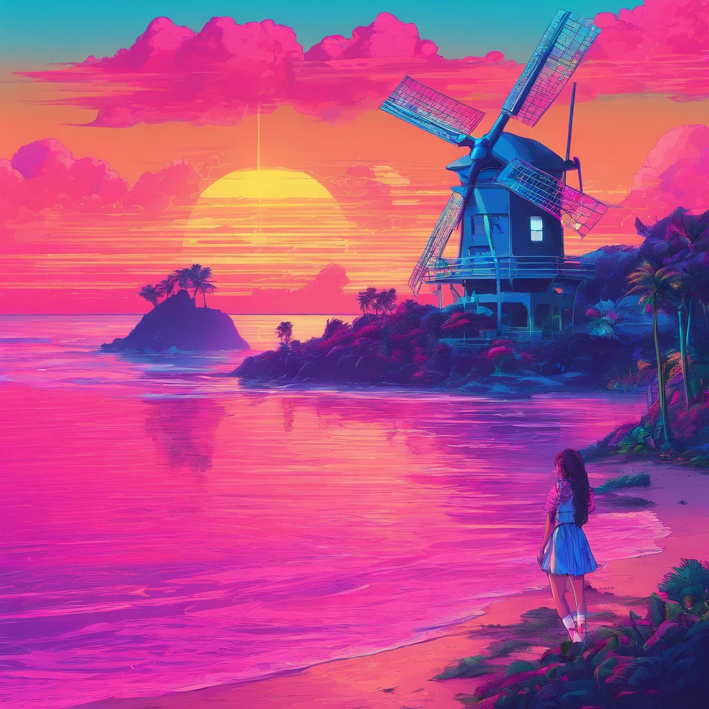 She wishes upon the windmill which passionately kisses the ocean breeze, spreading her wish across the entire island, masterpiece, best quality