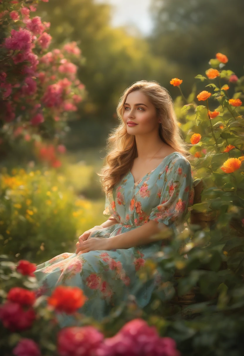 A colorful, vibrant acrylic painting of a sunny countryside with a girl in a garden, surrounded by blooming flowers. The girl is wearing a flowing summer dress and has beautiful, detailed eyes and lips. Her long eyelashes flutter in the gentle breeze as she admires the scenery. The artist has captured the scene with the highest quality, creating a masterpiece with ultra-detailed brushstrokes, vivid colors, and sharp focus. The painting exudes a photorealistic feel, with every element meticulously rendered to create a realistic portrayal. The sunlight filters through the lush green leaves, creating a soft, warm glow in the garden. The artwork showcases the artist's skill in capturing the serene beauty of the countryside and evokes a sense of joy and tranquility. The composition and lighting enhance the overall impact, making it a visually stunning piece of art.