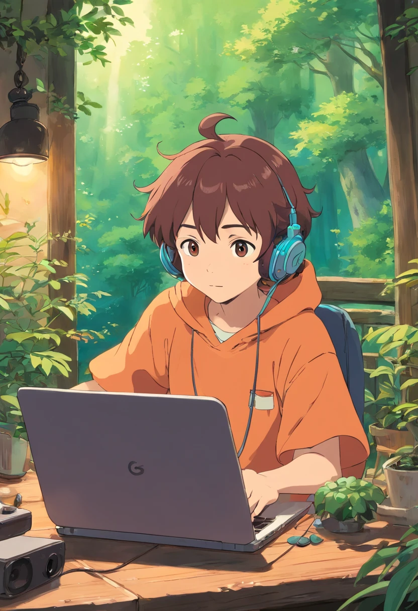 personagem de anime sentado em uma mesa com fones de ouvido e um laptop, lofi, Elogio Artstyle, Arte Lofi, em estilo de Studio Ghibli, lofi girl aesthetic, Hip Hop Lofi, inspirado em Studio Ghibli, Lofi Sensation, captura de tela do filme anime, estilo de Studio Ghibli Captura de tela do filme de anime, cores lofi