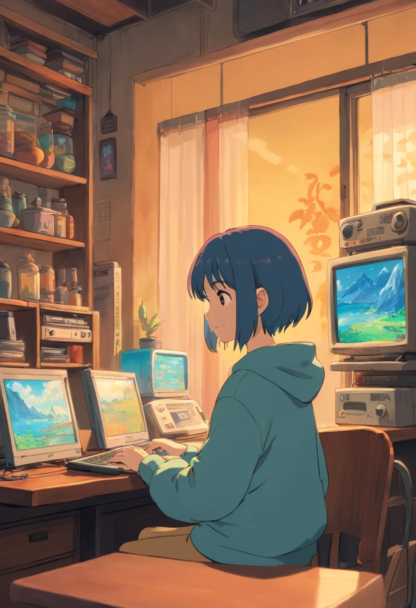 personagem de anime sentado em uma mesa com fones de ouvido e um laptop, lofi, Elogio Artstyle, Arte Lofi, em estilo de Studio Ghibli, lofi girl aesthetic, Hip Hop Lofi, inspirado em Studio Ghibli, Lofi Sensation, captura de tela do filme anime, estilo de Studio Ghibli Captura de tela do filme de anime, cores lofi