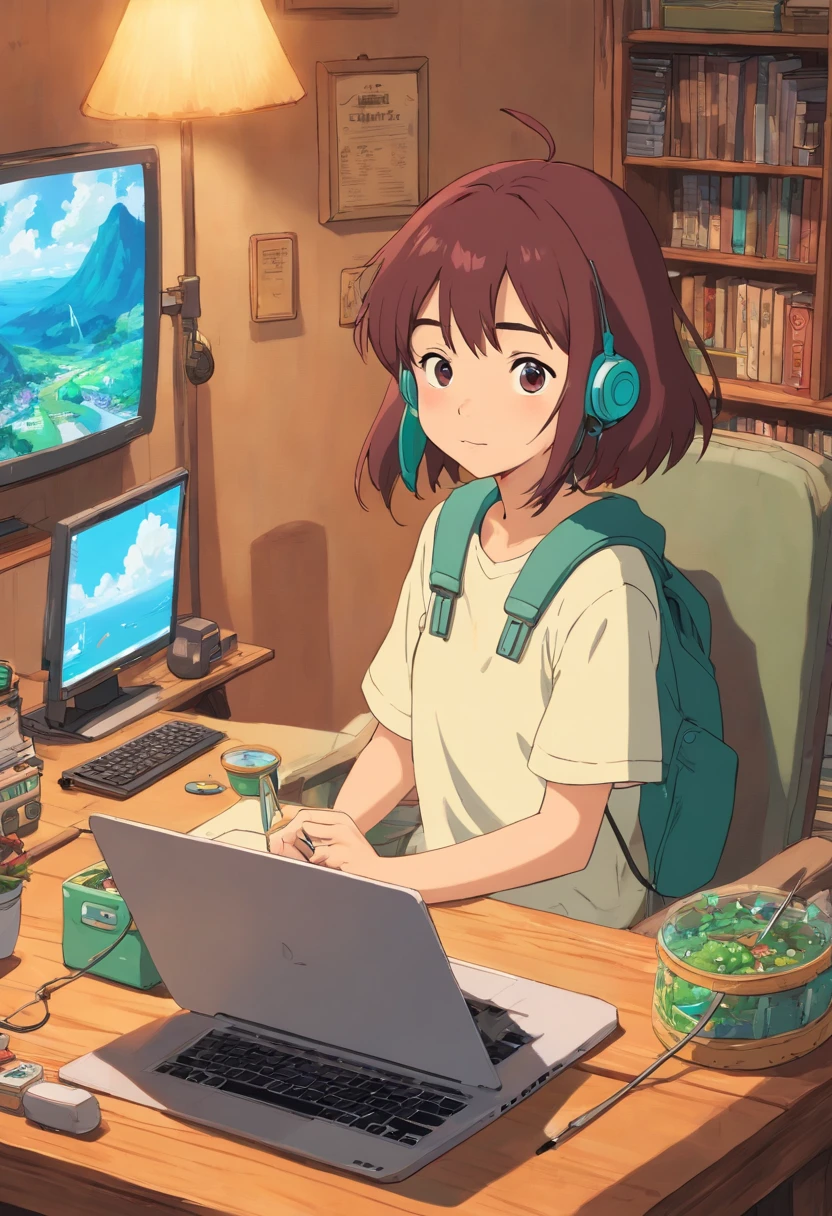 personagem de anime sentado em uma mesa com fones de ouvido e um laptop, menino lofi, Elogio Artstyle, Arte Lofi, em estilo de Studio Ghibli, lofi girl aesthetic, Hip Hop Lofi, inspirado em Studio Ghibli, Lofi Sensation, captura de tela do filme anime, estilo de Studio Ghibli Captura de tela do filme de anime, cores lofi