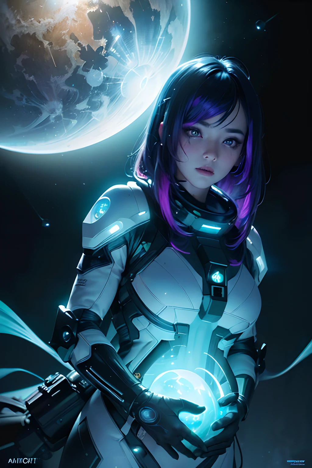 (Masterpiece:1.2), best quality, (night sky, medium length hair:1.2),(illustration:1.2), beautiful scenery, scared,(Masterfully crafted Glow, lens flare), (ultra-detailed), hyper details, (delicate detailed), (intricate details), (cinematic light, best quality Backlights), clear line, new world, viewer, solo female,(spacewoman, space), solo female, perfect body, (1girl), (Bright bioluminescent hair hair, bright glowing eyes), (galaxy ,alien planet),(astronaut wearing sexy futuristic formfitting spacesuit:1.1), slightly closed eyes, (cyberpunk), (Dynamic:1.3), ((makeup)), high contrast, (best illumination, an extremely delicate and beautiful), ((cinematic moonlight)), colourful, ((Photoshop Pastel Painting:1.1)), ethereal, (Cinematic masterpiece),suspense, fear, (interstellar), splashes of colour, absolutely eye-catching, ((caustic)), dynamic angle ,beautiful (detailed glow), (eerie),(Intricate Detailed Cinematic Scenery Behind:1.2),ambient occlusion, (ambient moonlight), ray-traced reflections, intricately detailed visible background , (glowing spacesuit), Terrifying, (bioluminescent vegetation:1.2), terror, uneasy, futuristic, horrifying, (hologram heads up display), (Exquisite large comet)