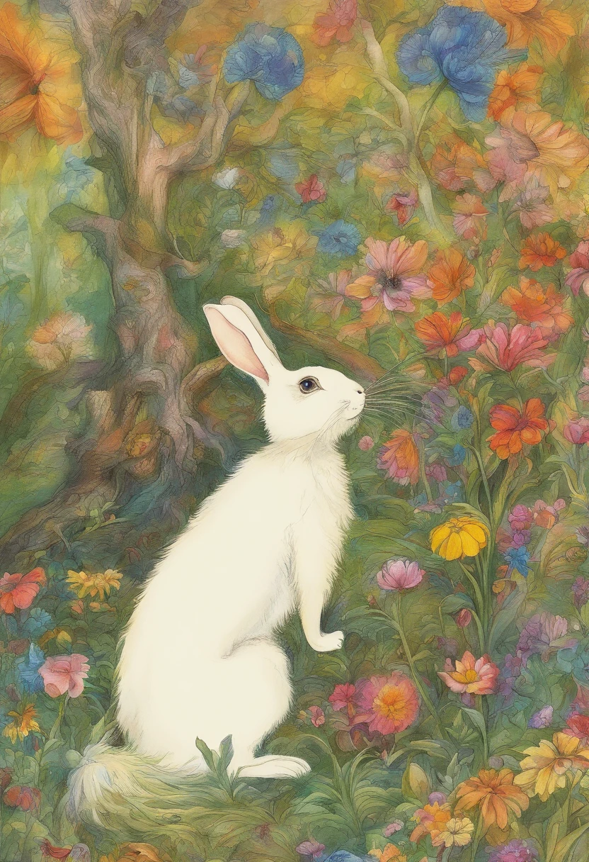 Painting of a white rabbit sitting in a field of flowers - SeaArt AI