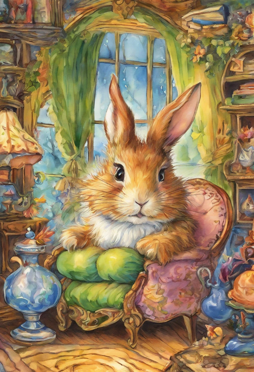 comiс style, painted in vivid watercolor, Bipedal rabbit, sniffing a couch, smelling a sofa, snout sniffing the seat, Roupas fofas, olhos verdes, branco, cinza, azul. amarelo, em uma toca, smelling a sofa, sniffing a couch, extremamente detalhado, altamente detalhado, obra prima, Fundo do conto de fadas, Wonderland, dynamic colours, Luz de conto de fadas, Directed by: Beatrix Potter, Susan Wheeler, Cristopher Denise e Jean-Baptiste Monge, UHD 32k