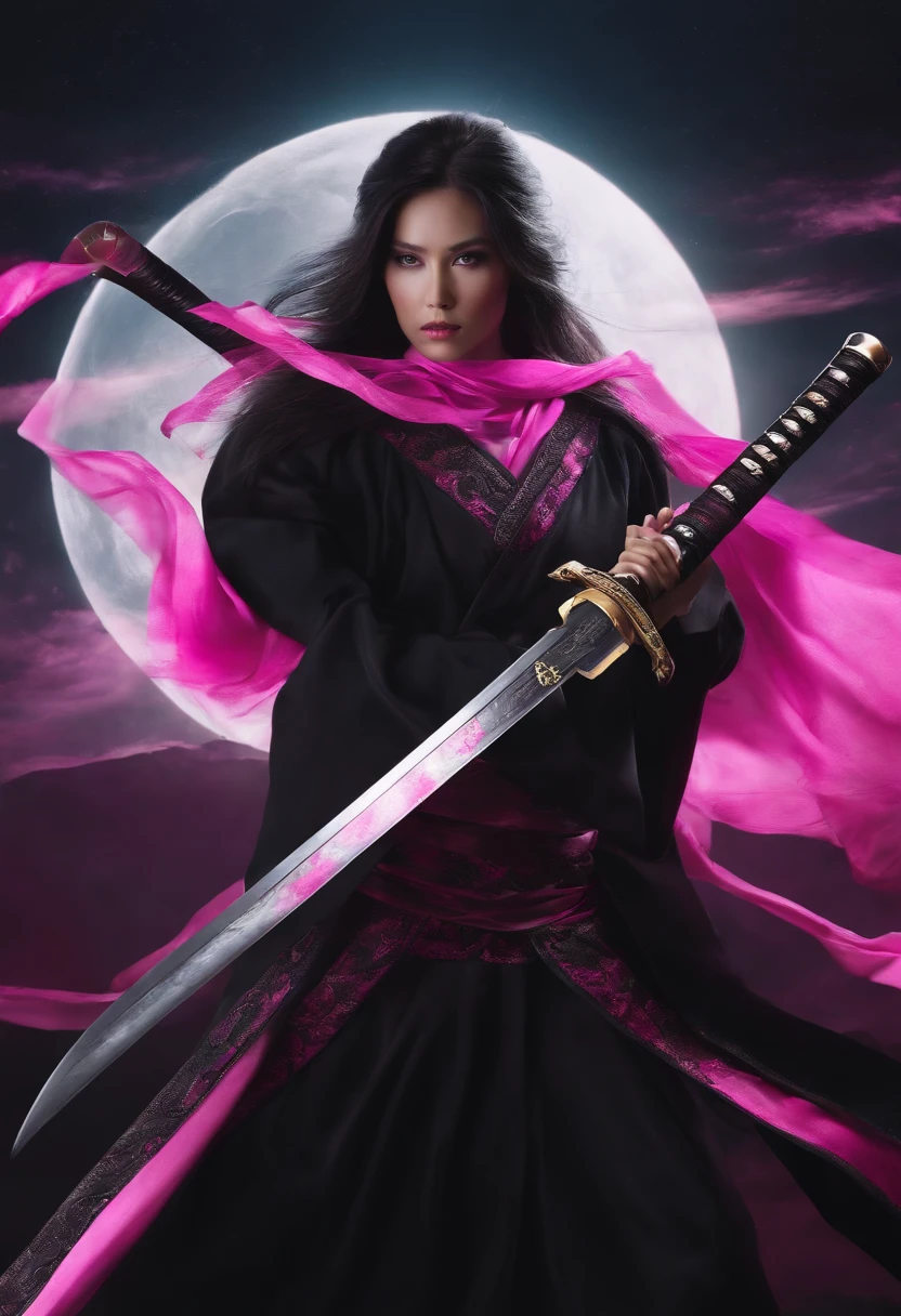 katana with a black aura and two sides color pink open filed