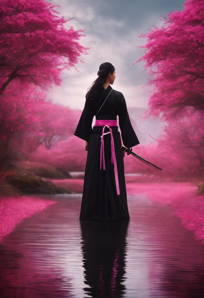 katana with a black aura and two sides color pink open filed