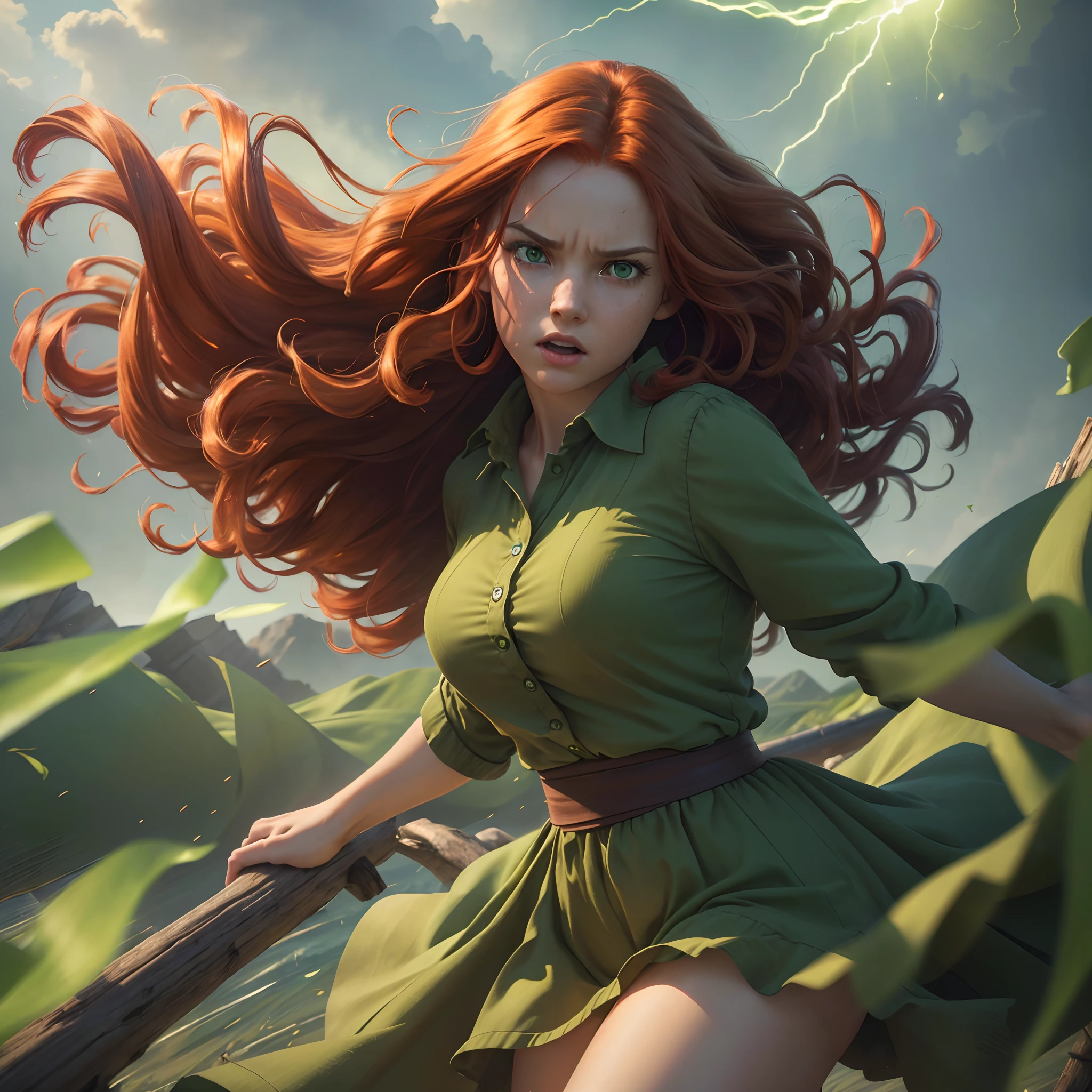 (best quality,4k,8k,highres,masterpiece:1.2),ultra-detailed,(realistic,photorealistic,photo-realistic:1.37),a girl with soft red hair, hair blowing in the wind, angry eyes emitting intense green rays, a tornado of wind swirling around her, green rays coming out of her hands