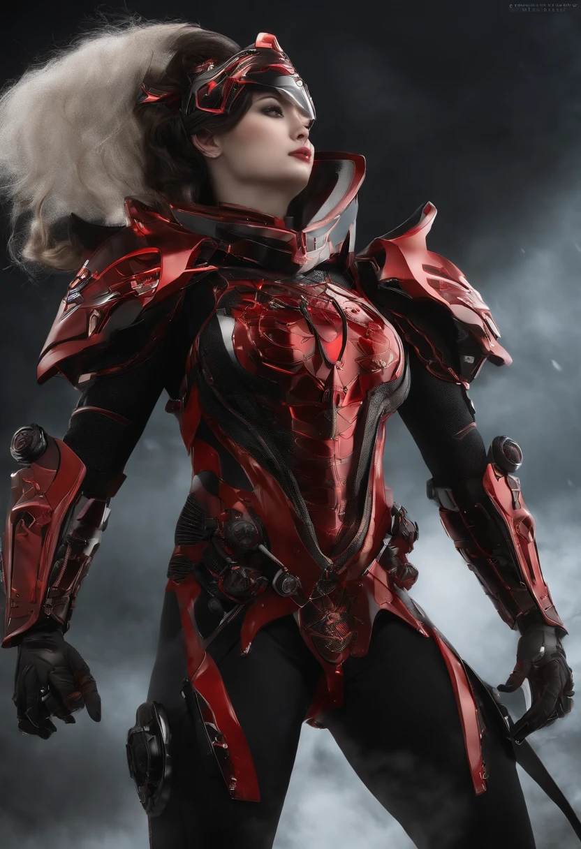 1 Japanese girl, Warframe, intricate pattern, metal pesado, linhas de energia, stanisław, olhos brilhantes, elegante, intenso, Uniforme vermelho e preto sangue, bunda grande, peito grande, decote enorme ,sozinho, moderno, cidade, Ruas, nuvens escuras, tempestade, chuva forte,, dramatic lighting,, (master part:1.2), best quality, high resolution, lindo detalhado, extremamente detalhado, perfect lighting,