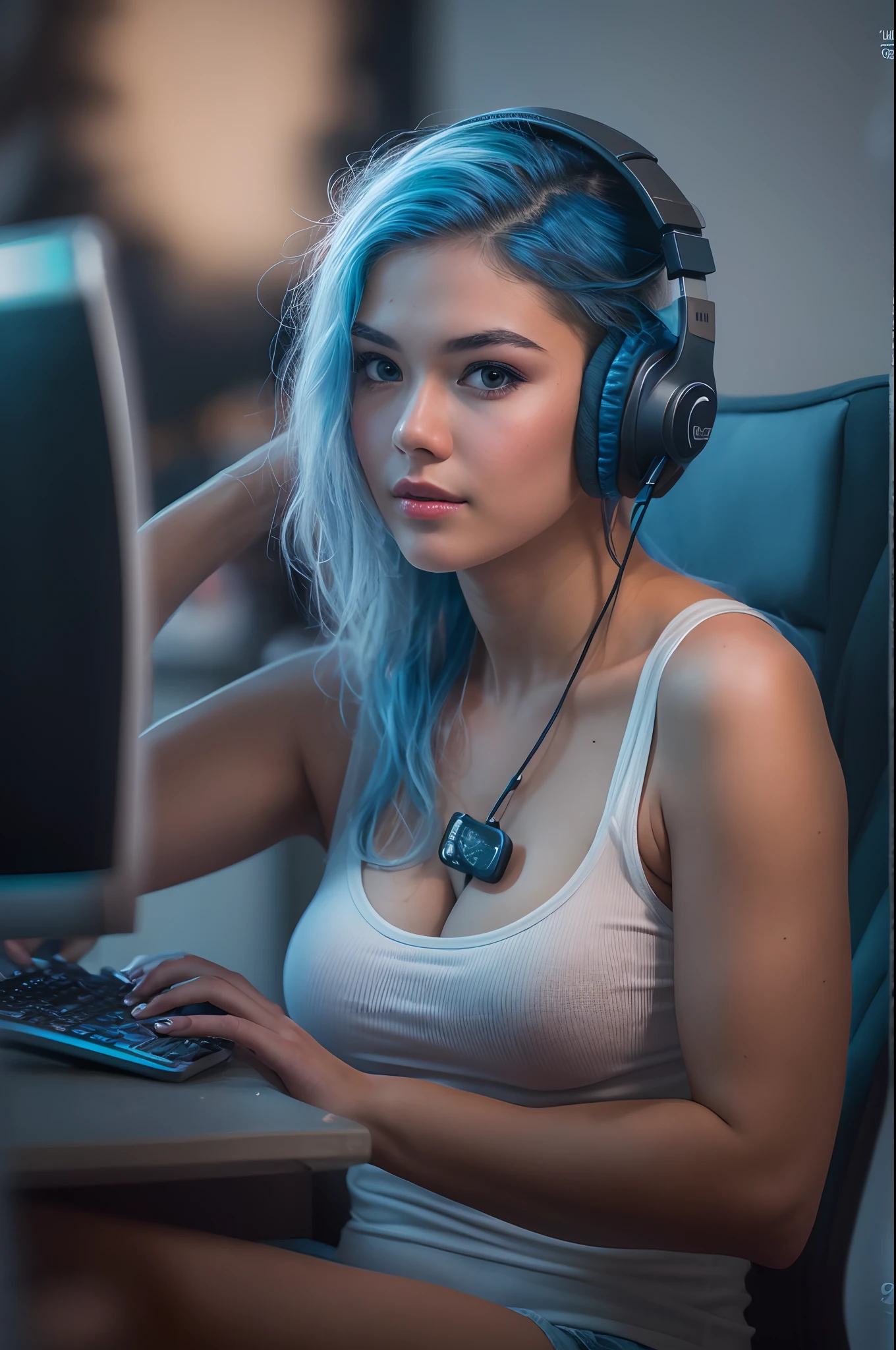 a beautiful 25 year old gamer girl (Julia Burch:0.5), (((skin texture:1))), ((natural skin)), (blue hair), (pale skin), curvy body, (high detail low cut white tank top with logo), (tiny shorts), sitting at computer desk, gaming, headset, widescreen, (masterpiece) (perfect proportion)(realistic photo)(best quality) (detailed) shot on a Canon EOS R5, 50mm lens, F/2.8, HDR, (8k) (wallpaper) (cinematic lighting) (dramatic lighting) (sharp focus) (intricate), RAW photo, posing for camera, 8k uhd, dslr, high quality, film grain, shot by Arny Freytag