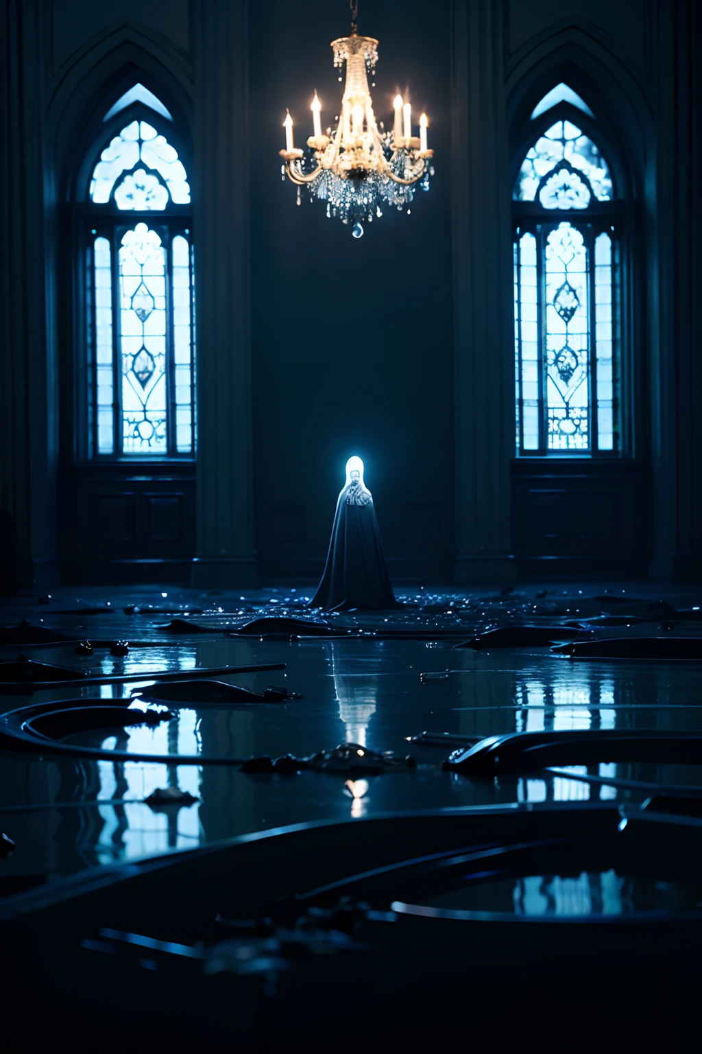 A room that belongs to morbid ghoul, funerary, ghost floating, mood is dark, desolate, nugatory, vacuous, abysmal, termination, emptiness, annihilating, confusing.